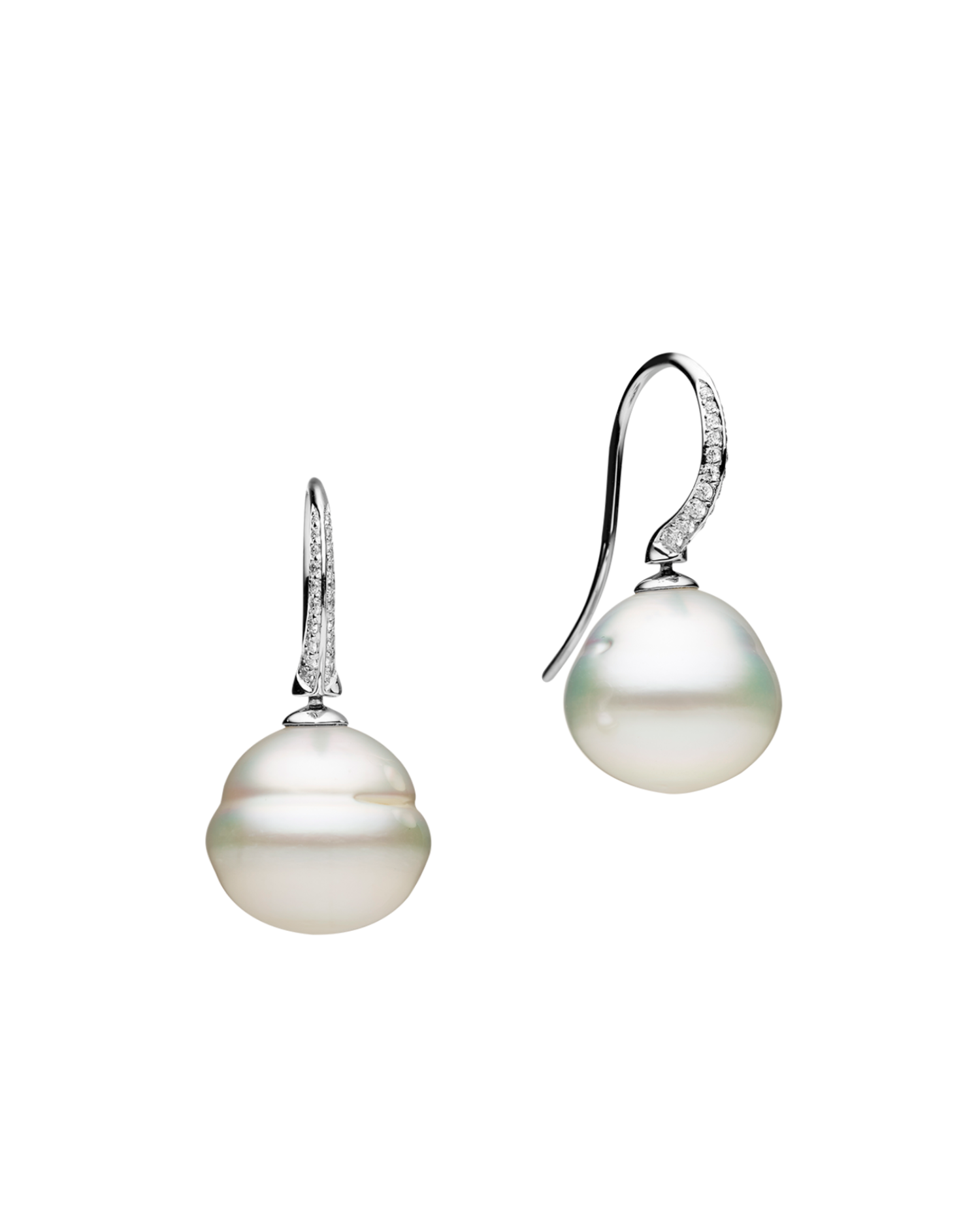 Diamond Keel Edge Pearl Earrings | 13mm Circle Pearls, Diamonds and White Gold 1