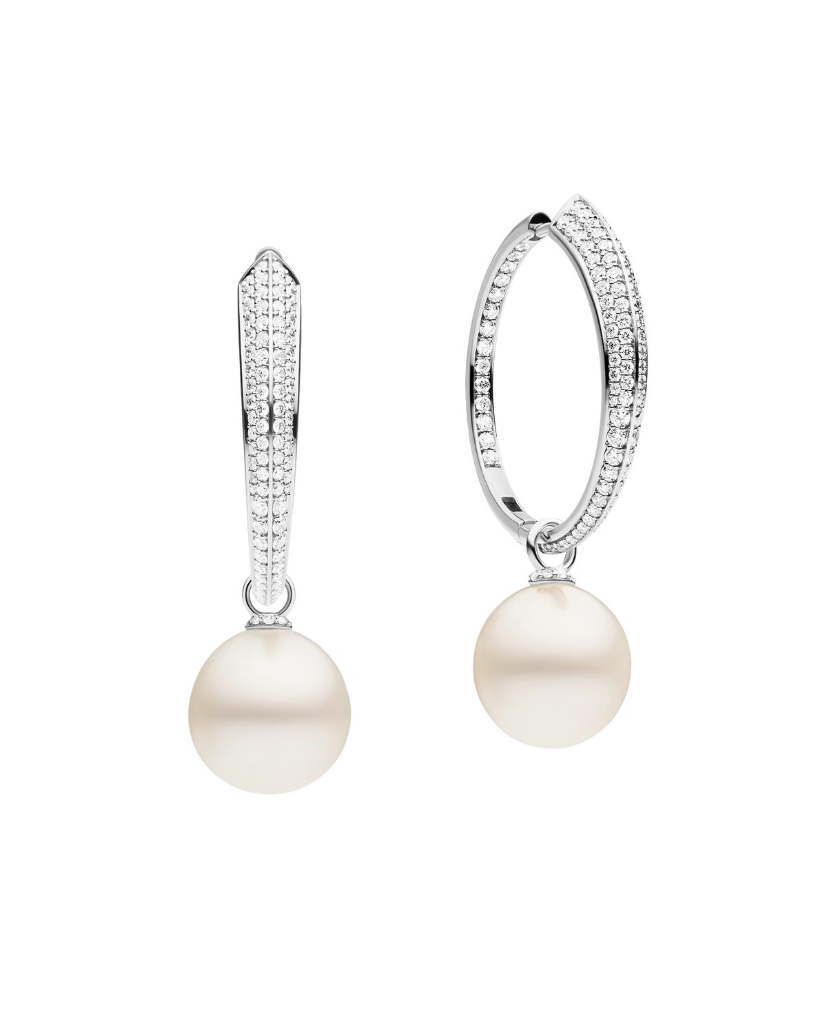 Diamond Keel Edge Pearls My Way Extra Large Hoop Earrings | 12mm Oval Pearls, Diamonds, and White Gold