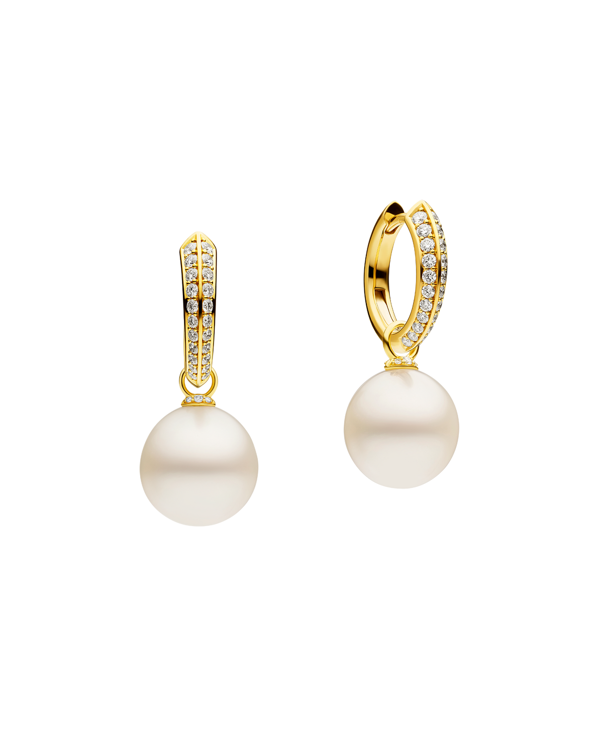 Diamond Keel Edge Pearls My Way Small Hoop Earrings | 12mm Oval Pearls, Diamonds, and Yellow Gold