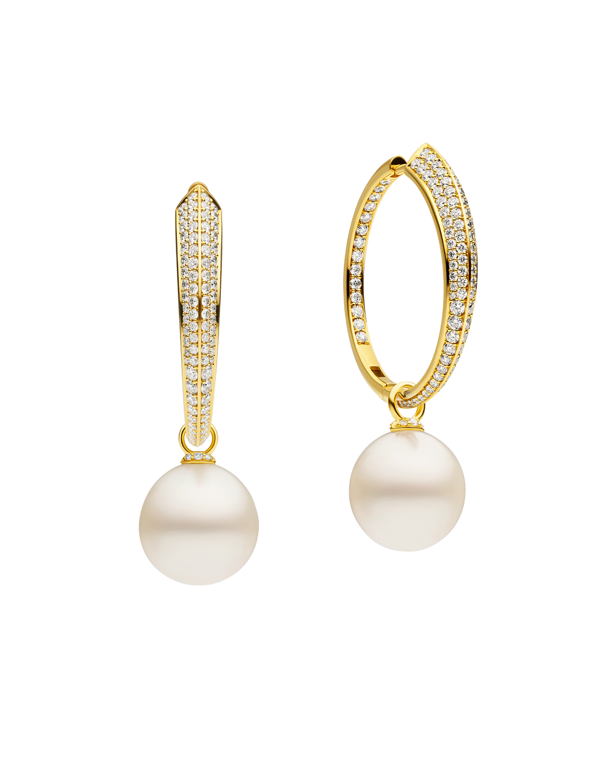 Diamond Keel Edge Pearls My Way Extra Large Hoop Earrings | 12mm Oval Pearls, Diamonds, and Yellow Gold