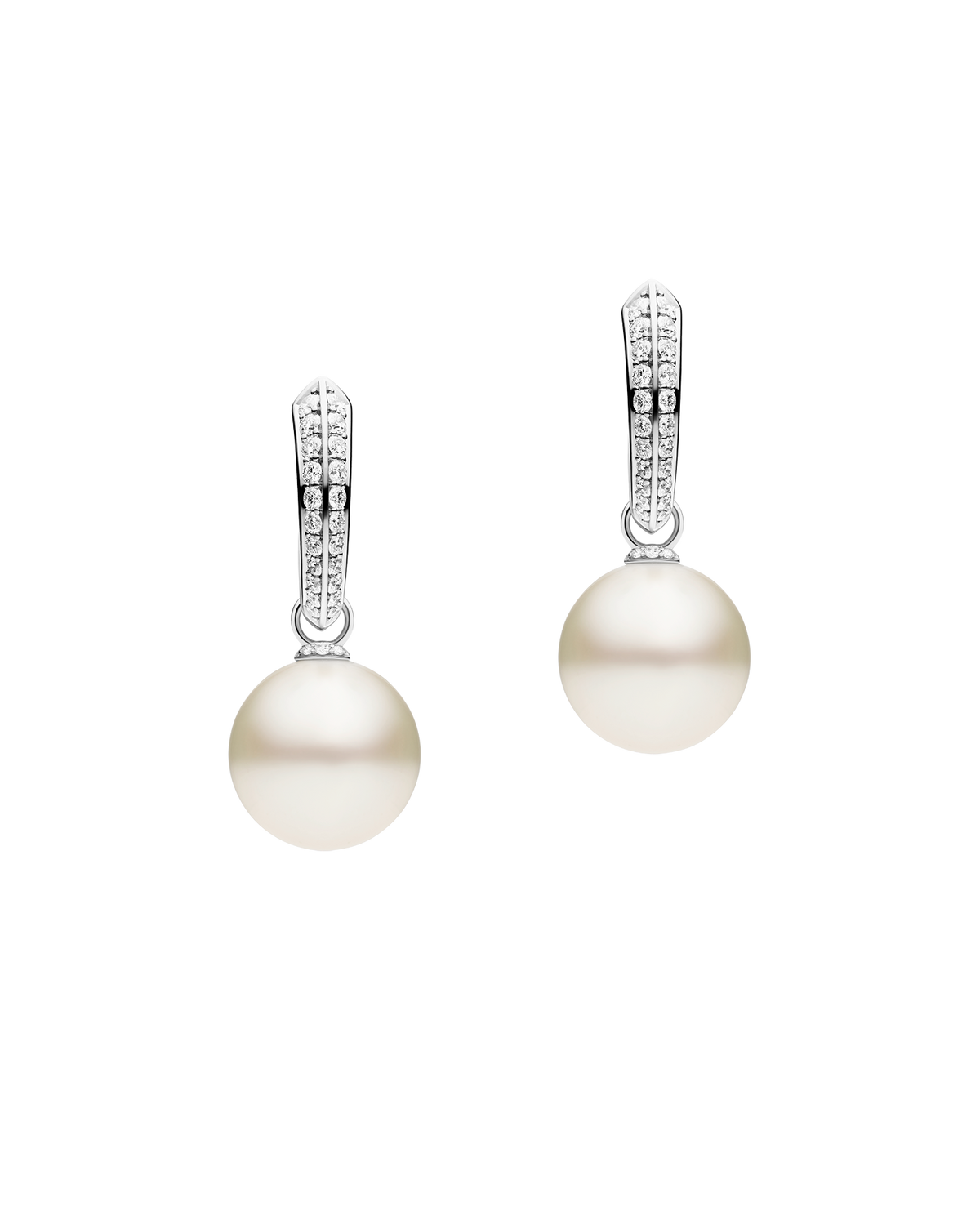 Diamond Keel Edge Pearls My Way Small Hoop Earrings | 12mm Round Pearls, Diamonds, and White Gold