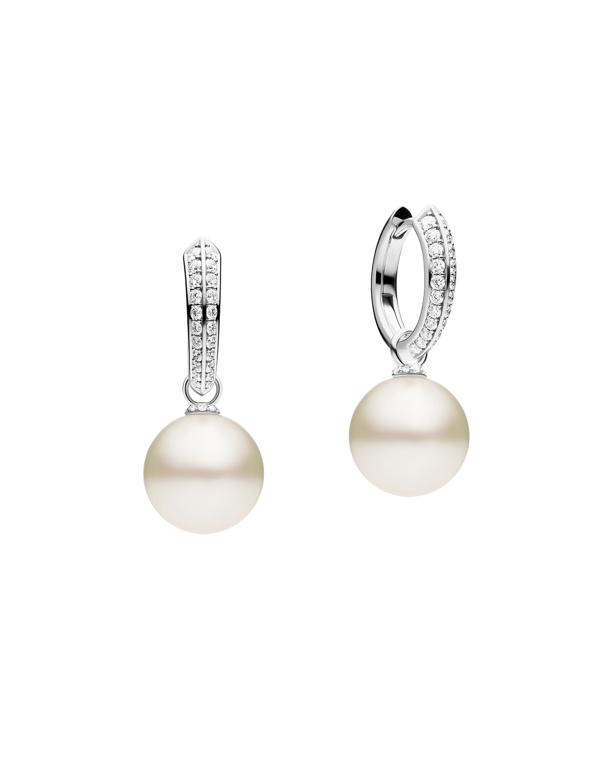 Diamond Keel Edge Pearls My Way Small Hoop Earrings | 12mm Round Pearls, Diamonds, and White Gold