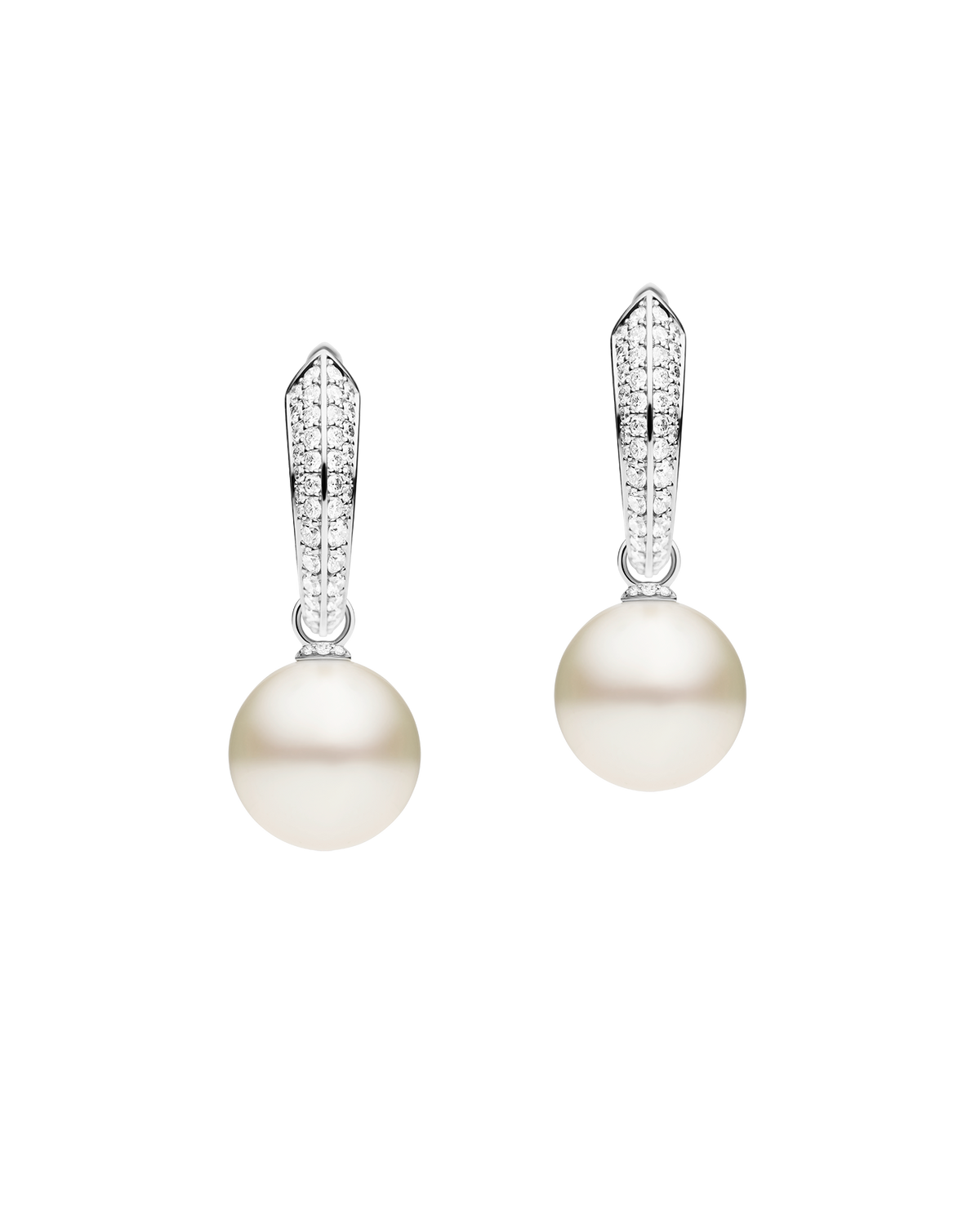 Diamond Keel Edge Pearls My Way Medium Hoop Earrings | 12mm Round Pearls, Diamonds, and White Gold