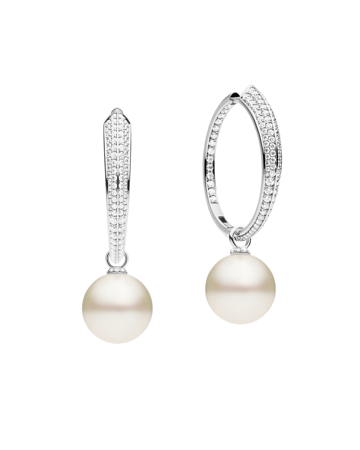 Diamond Keel Edge Pearls My Way Extra Large Hoop Earrings | 12mm Round Pearls, Diamonds, and White Gold