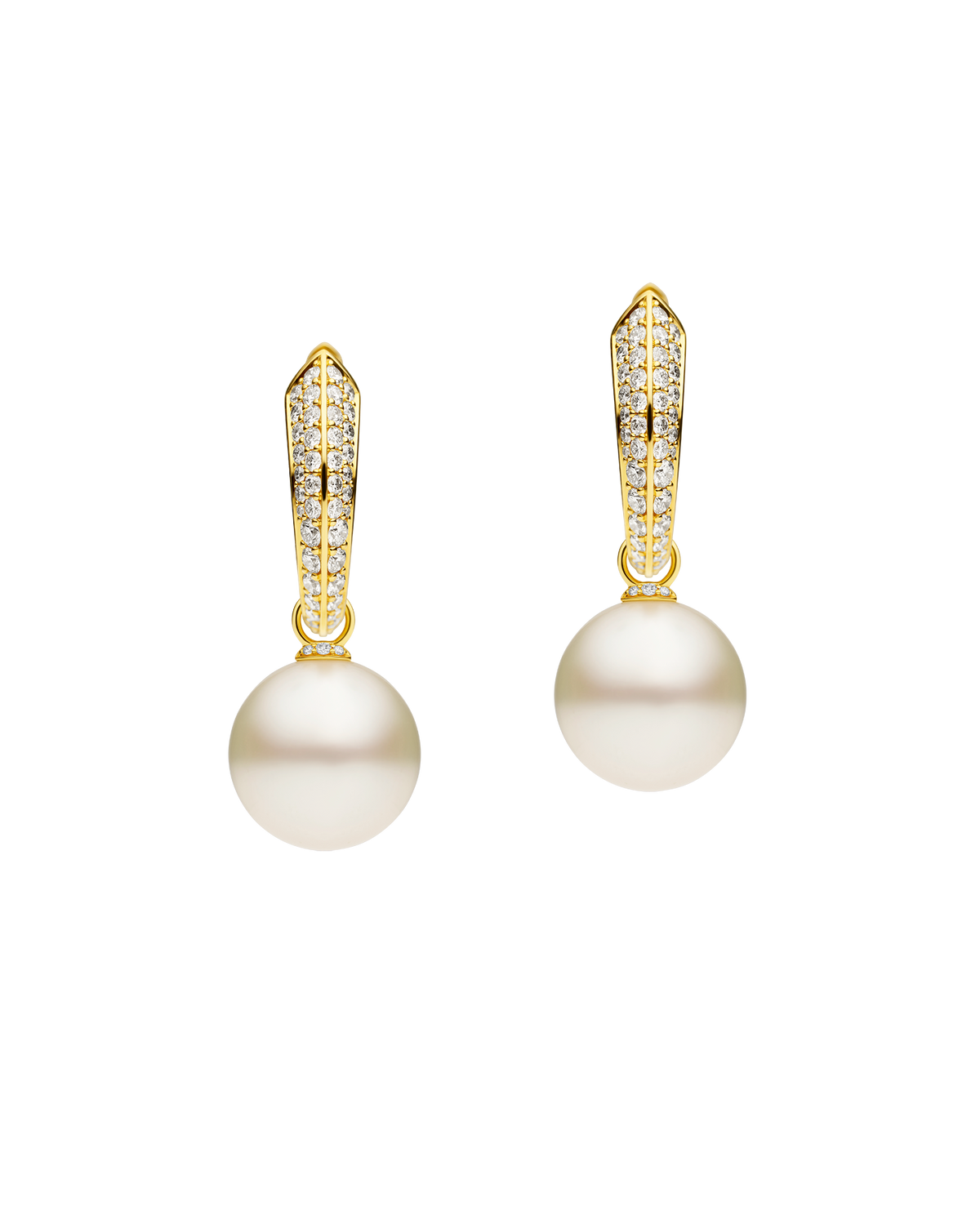 Diamond Keel Edge Pearls My Way Medium Hoop Earrings | 12mm Round Pearls, Diamonds, and Yellow Gold