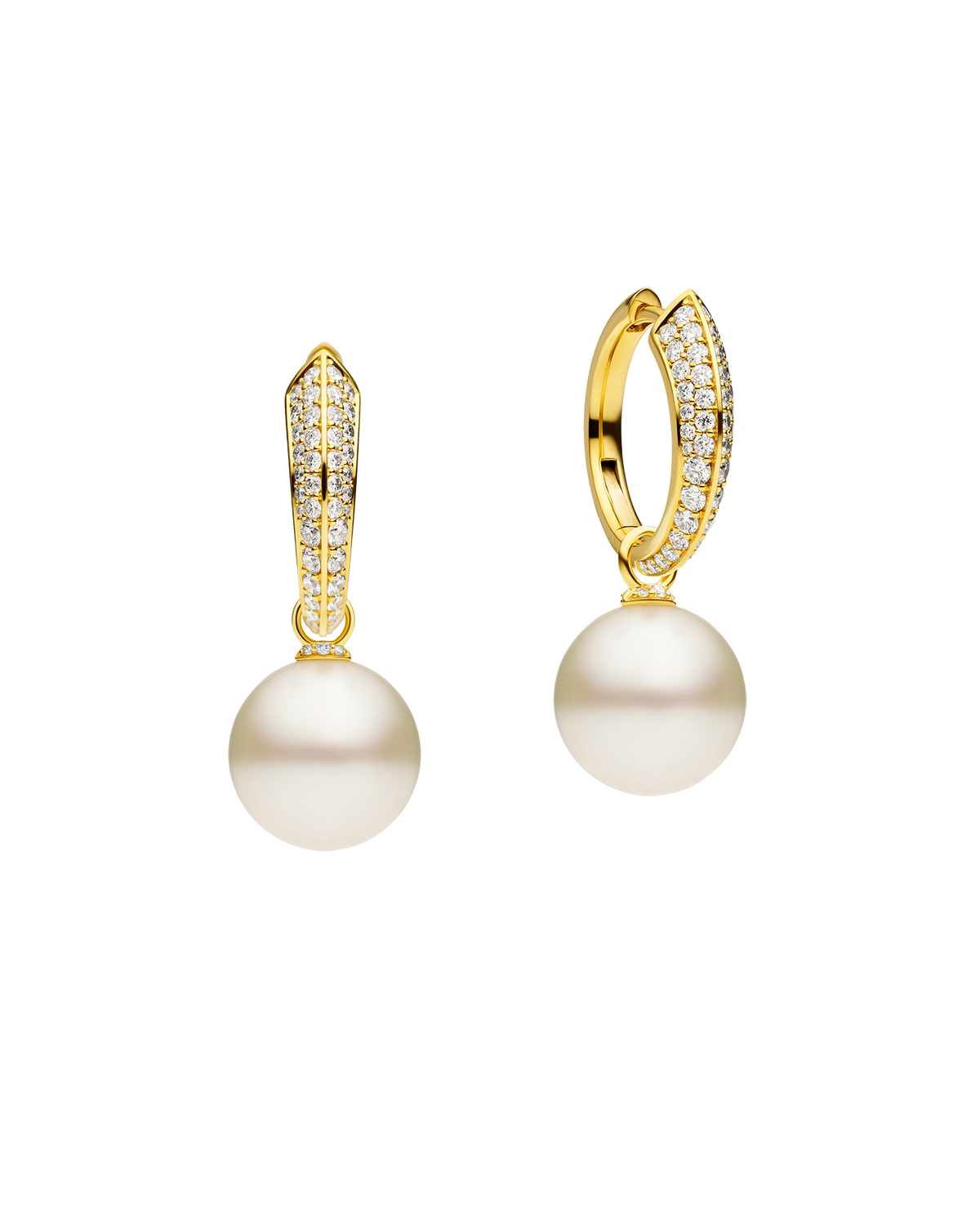 Diamond Keel Edge Pearls My Way Medium Hoop Earrings | 12mm Round Pearls, Diamonds, and Yellow Gold