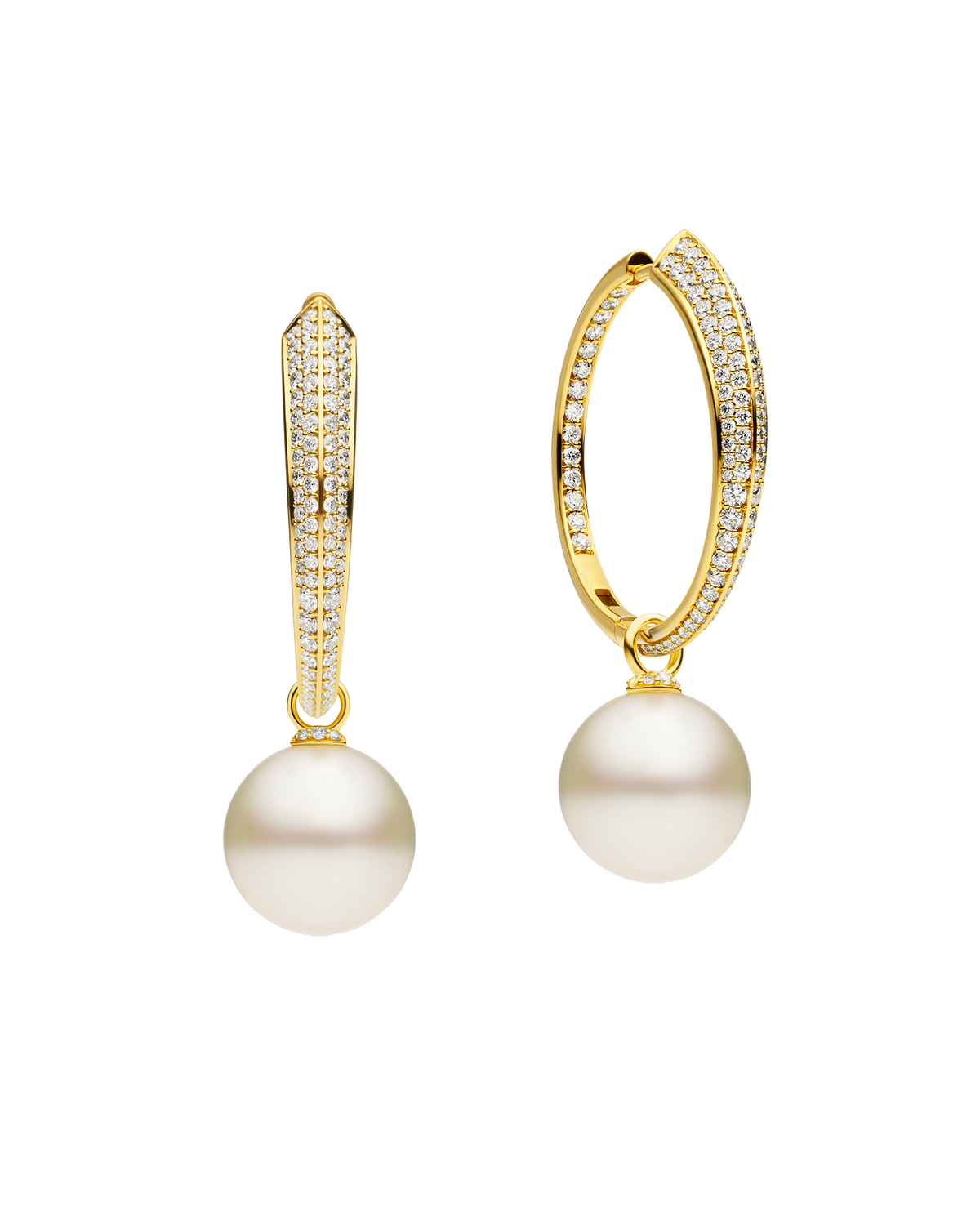 Diamond Keel Edge Pearls My Way Extra Large Hoop Earrings | 12mm Round Pearls, Diamonds, and Yellow Gold