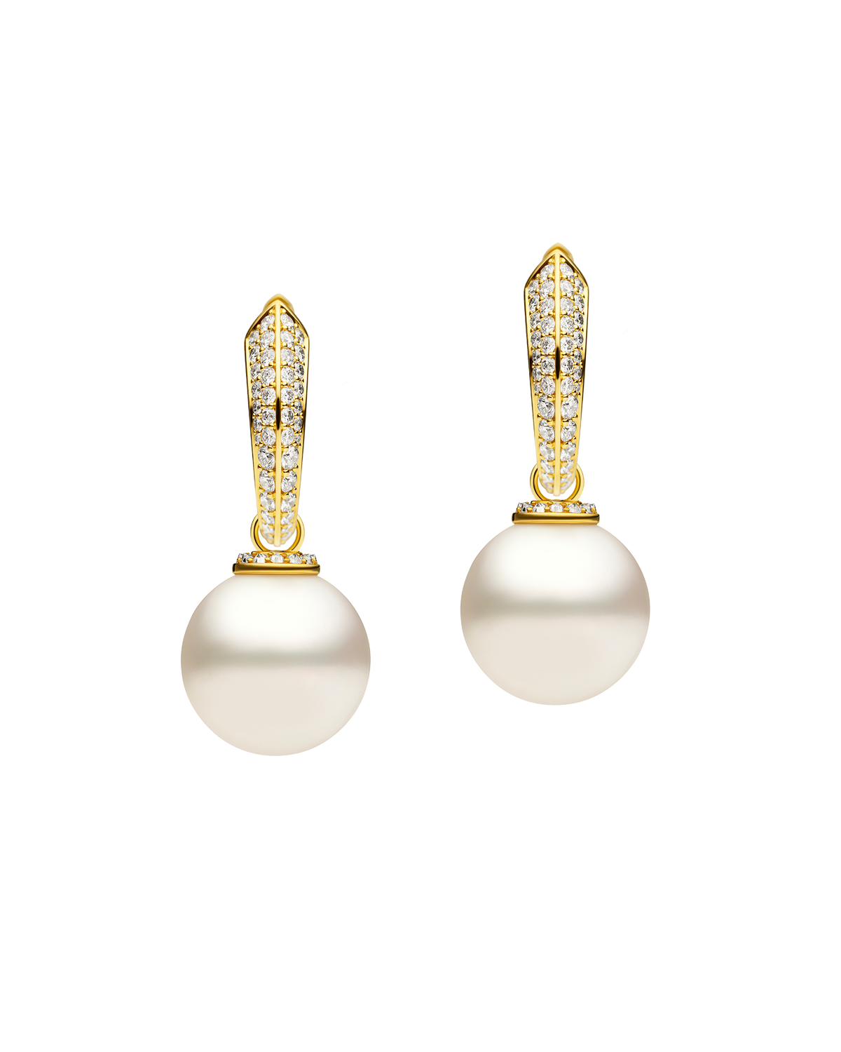 Diamond Keel Edge Pearls My Way Medium Hoop Earrings | 14mm Round Pearls, Diamonds, and Yellow Gold