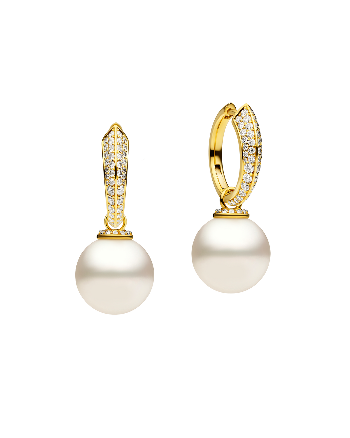 Diamond Keel Edge Pearls My Way Medium Hoop Earrings | 14mm Round Pearls, Diamonds, and Yellow Gold