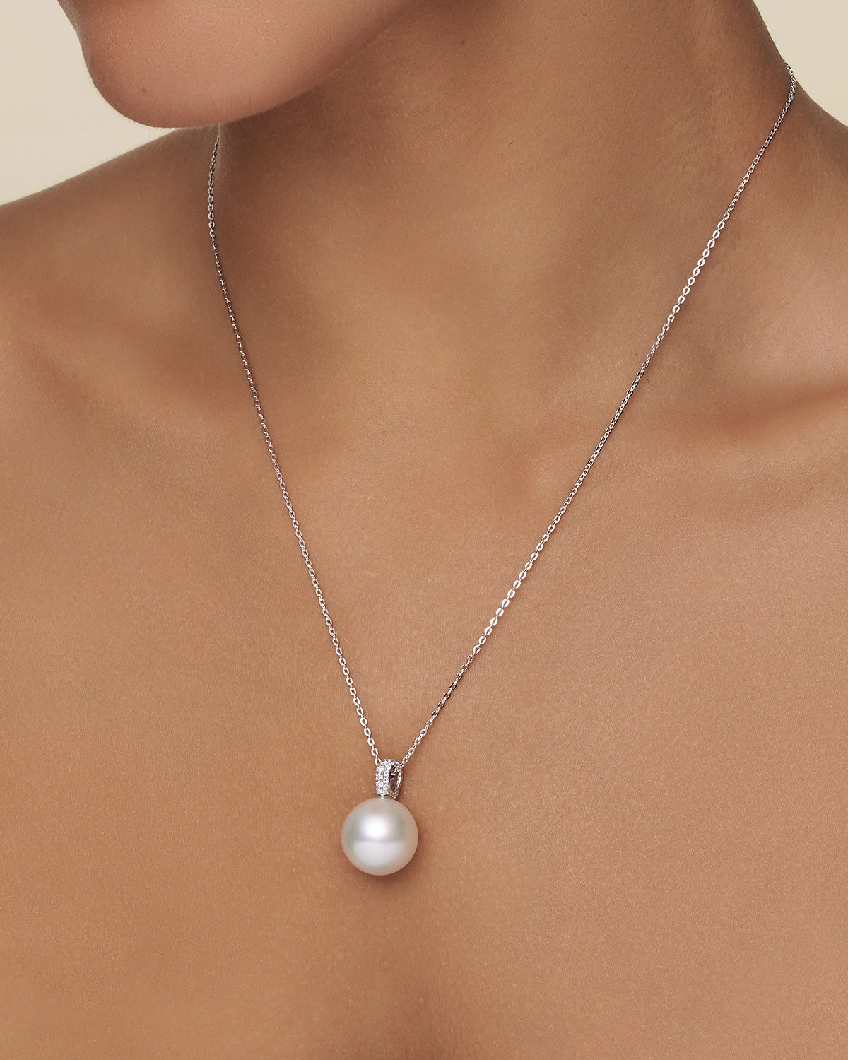 Audrey Pearl Pendant | 15mm Oval Pearl, Diamonds, and White Gold