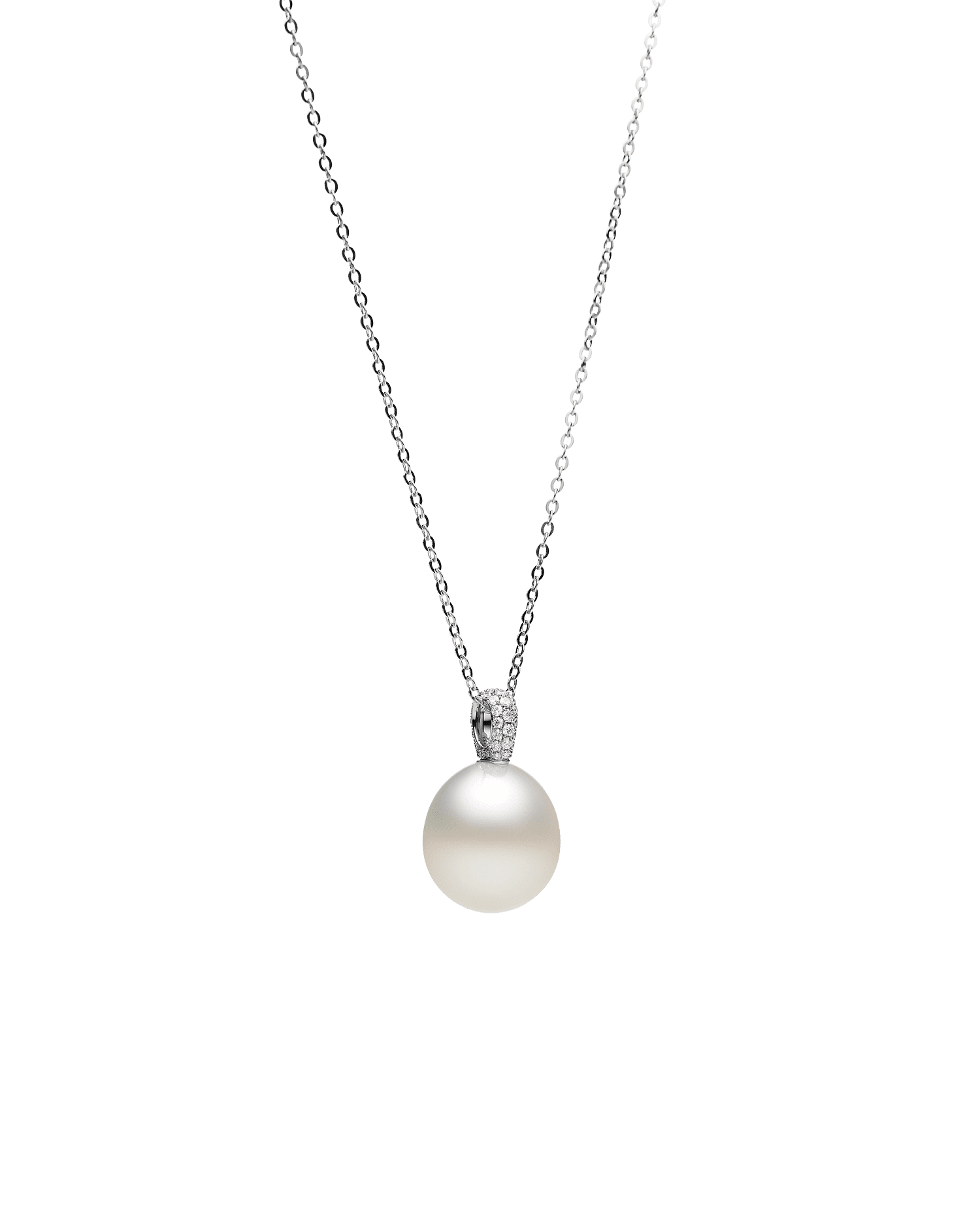 Audrey Pearl Pendant | 15mm Oval Pearl, Diamonds, and White Gold 2