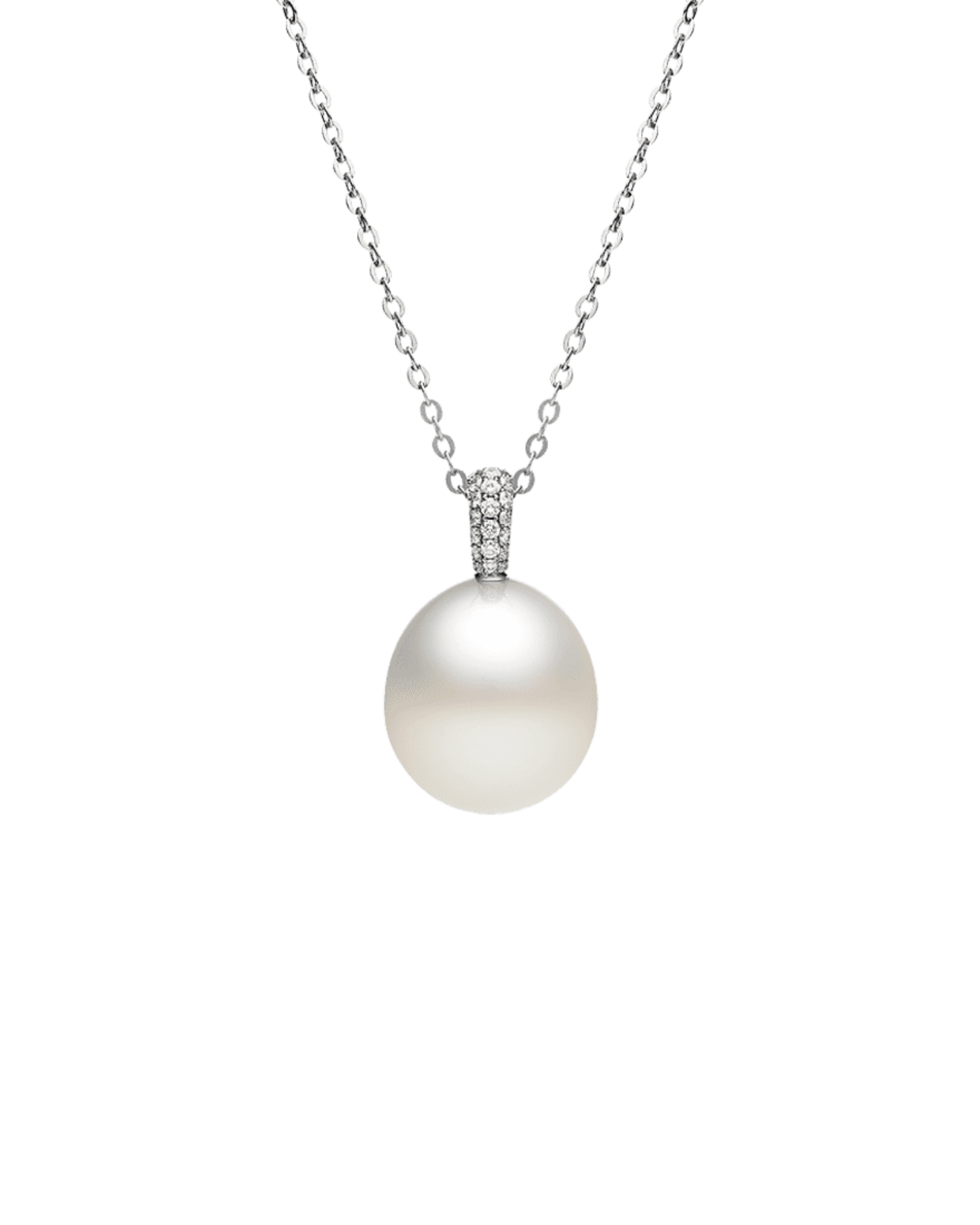 Audrey Pearl Pendant | 15mm Oval Pearl, Diamonds, and White Gold 1