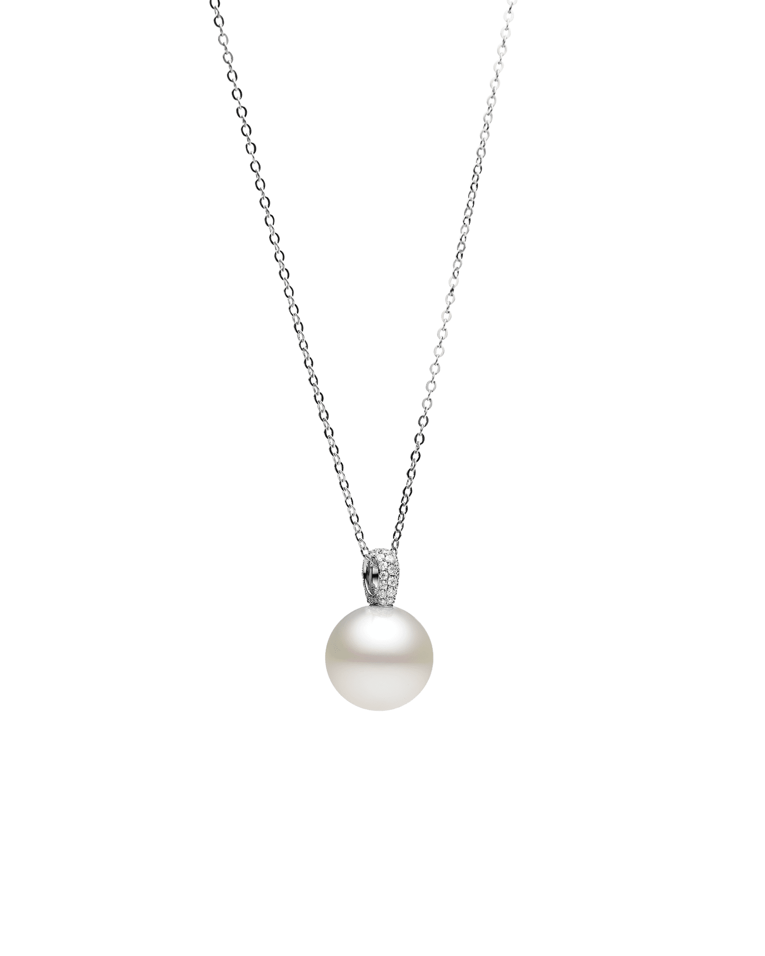 Audrey Pearl Pendant | 15mm Round Pearl, Diamonds, and White Gold 2