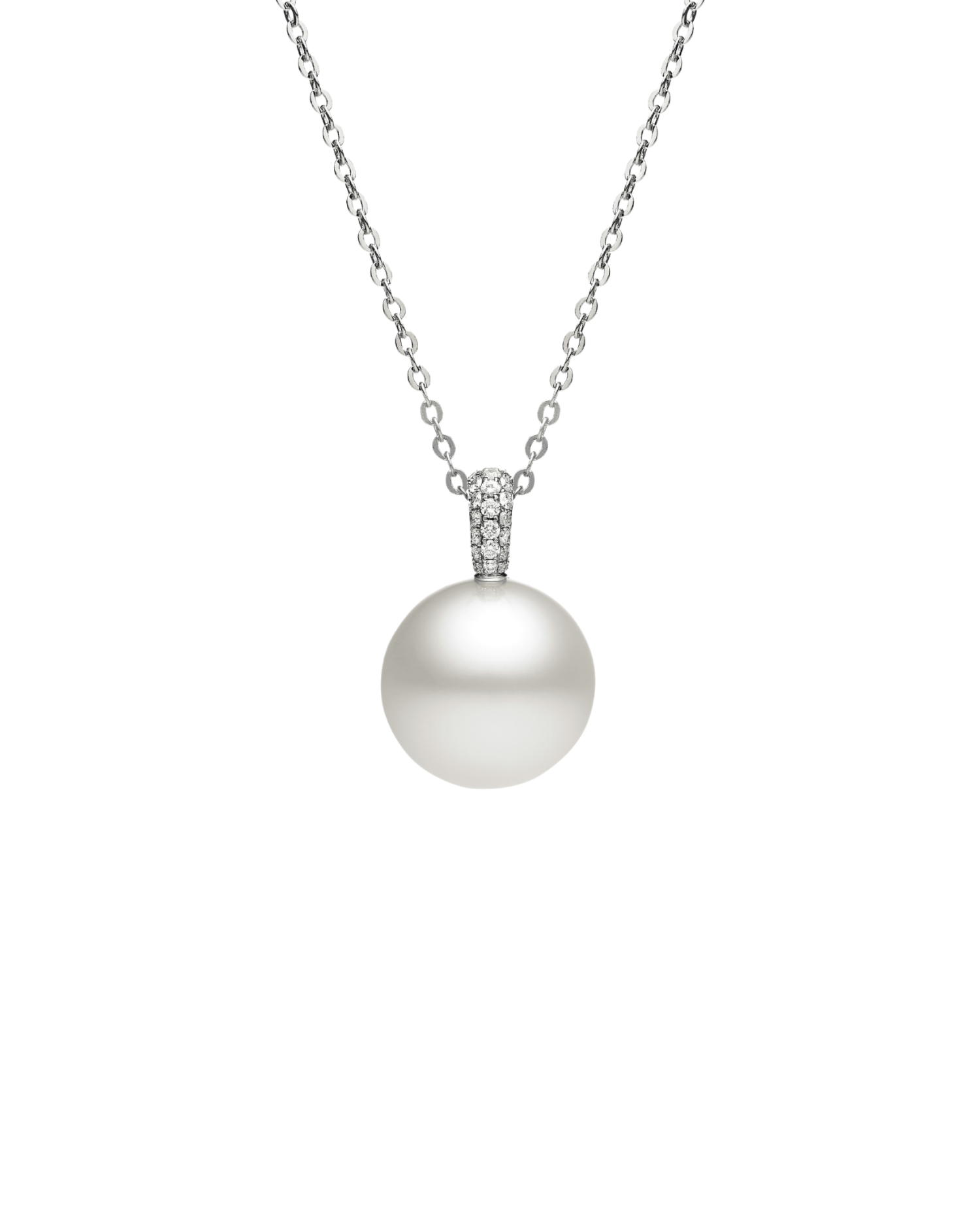 Audrey Pearl Pendant 15mm Round Pearl, Diamonds, and White Gold