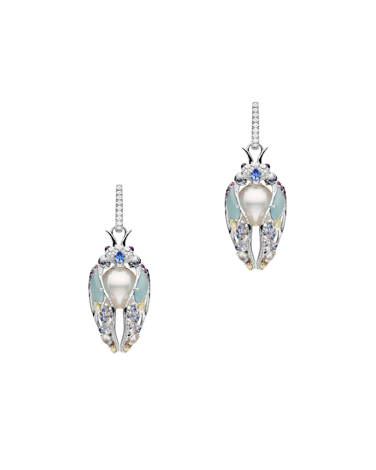 Blue Moon Cicada Pearl Earrings | 11mm Oval Pearls, Blue Sapphires, Diamonds, and White Gold