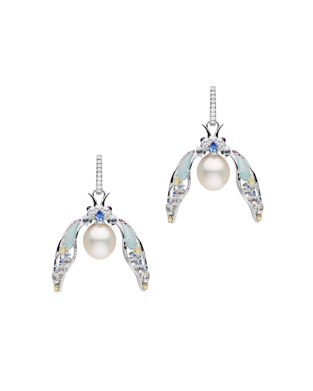 Blue Moon Cicada Pearl Earrings | 11mm Oval Pearls, Blue Sapphires, Diamonds, and White Gold