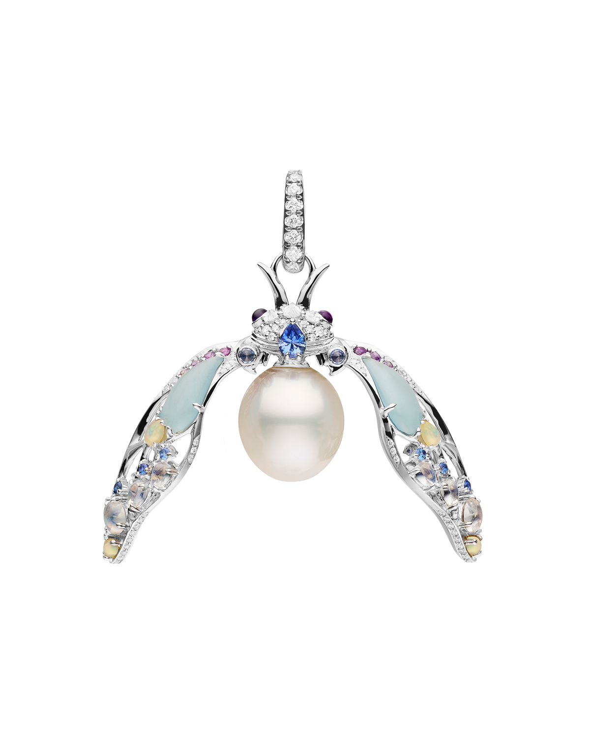 Blue Moon Cicada Pearl Pendant | 11mm Oval Pearl, Blue Sapphires, and White Gold
