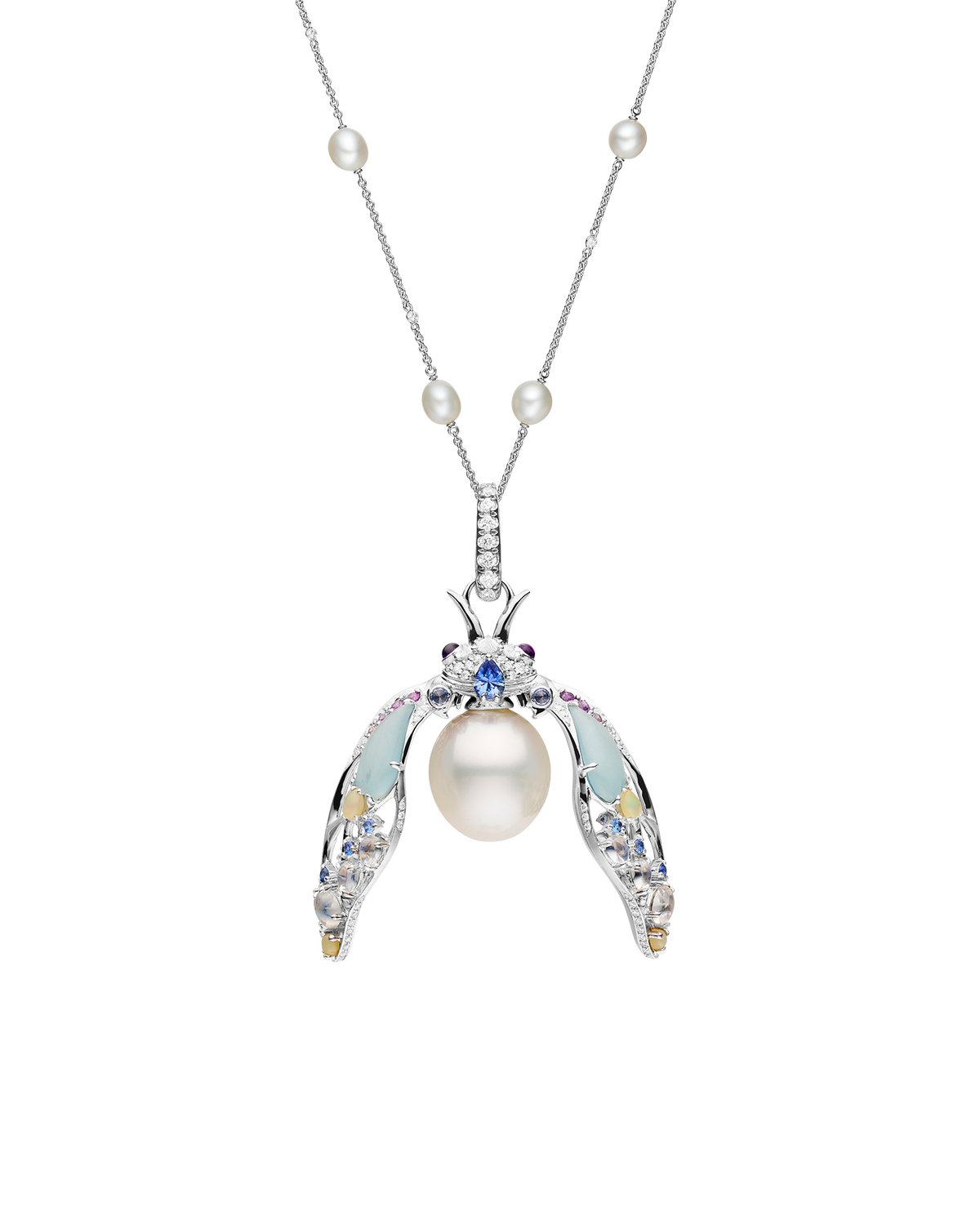 Blue Moon Cicada Pearl Pendant | 11mm Oval Pearl, Blue Sapphires, and White Gold