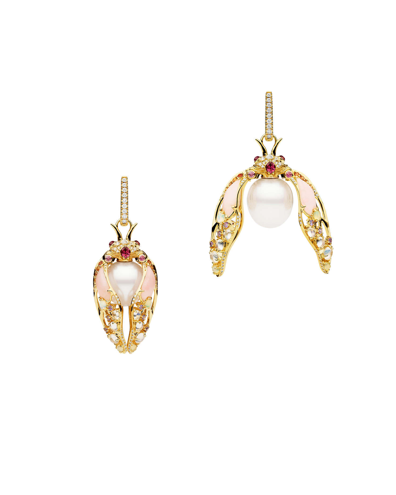 Blushing Cicada Pearl Earrings | 11mm Oval Pearls, Pink Opal, and Yellow Gold