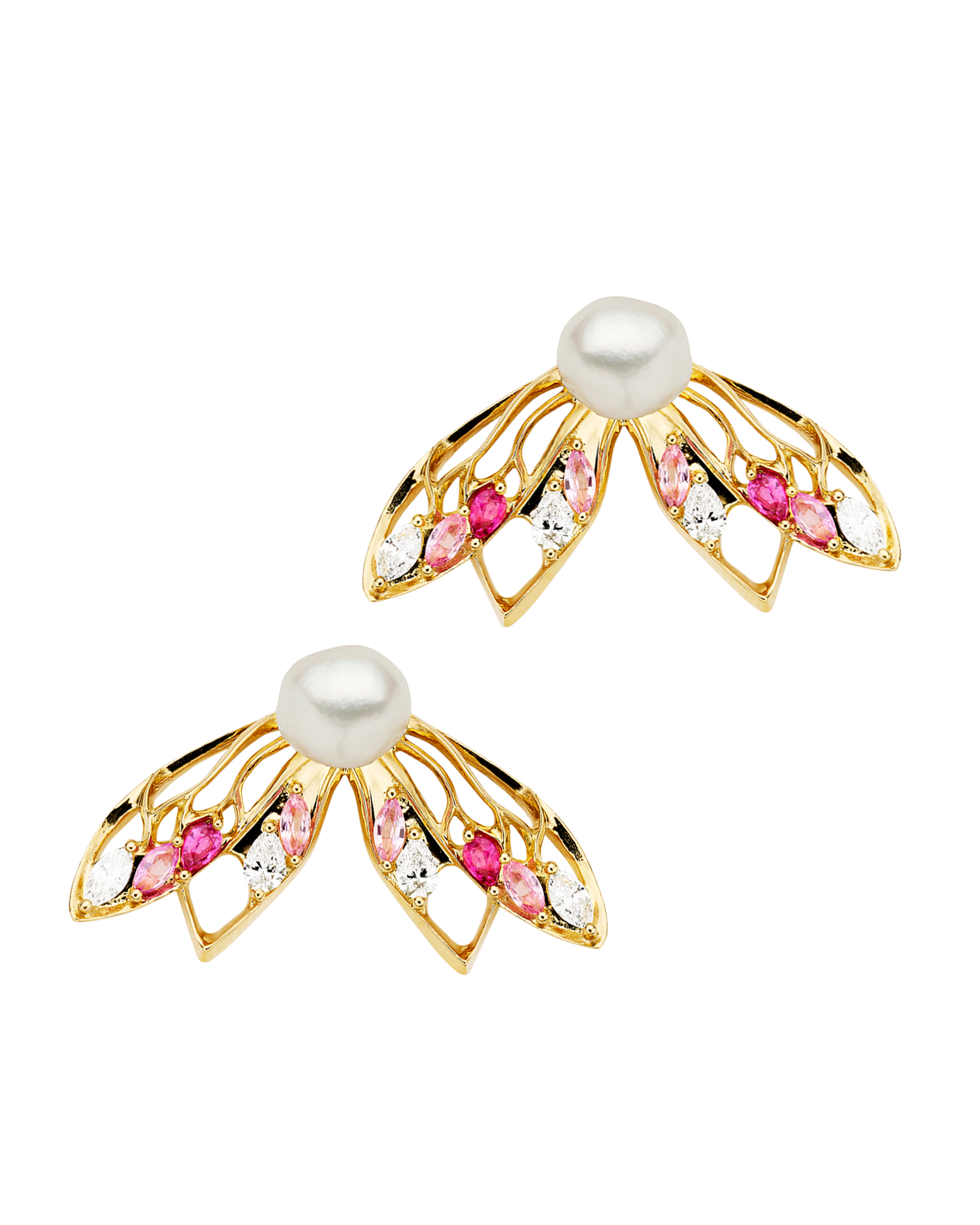 Blushing Cicada Stud Earrings | 8mm Keshi Pearls, Pink Sapphire, and Yellow Gold