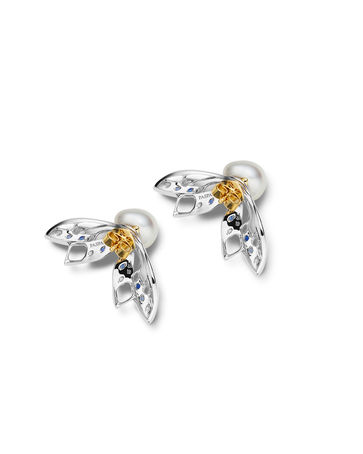 Blue Moon Cicada Pearl Stud Earrings | 8mm Keshi Pearls, Blue Sapphires, Diamonds, and White Gold