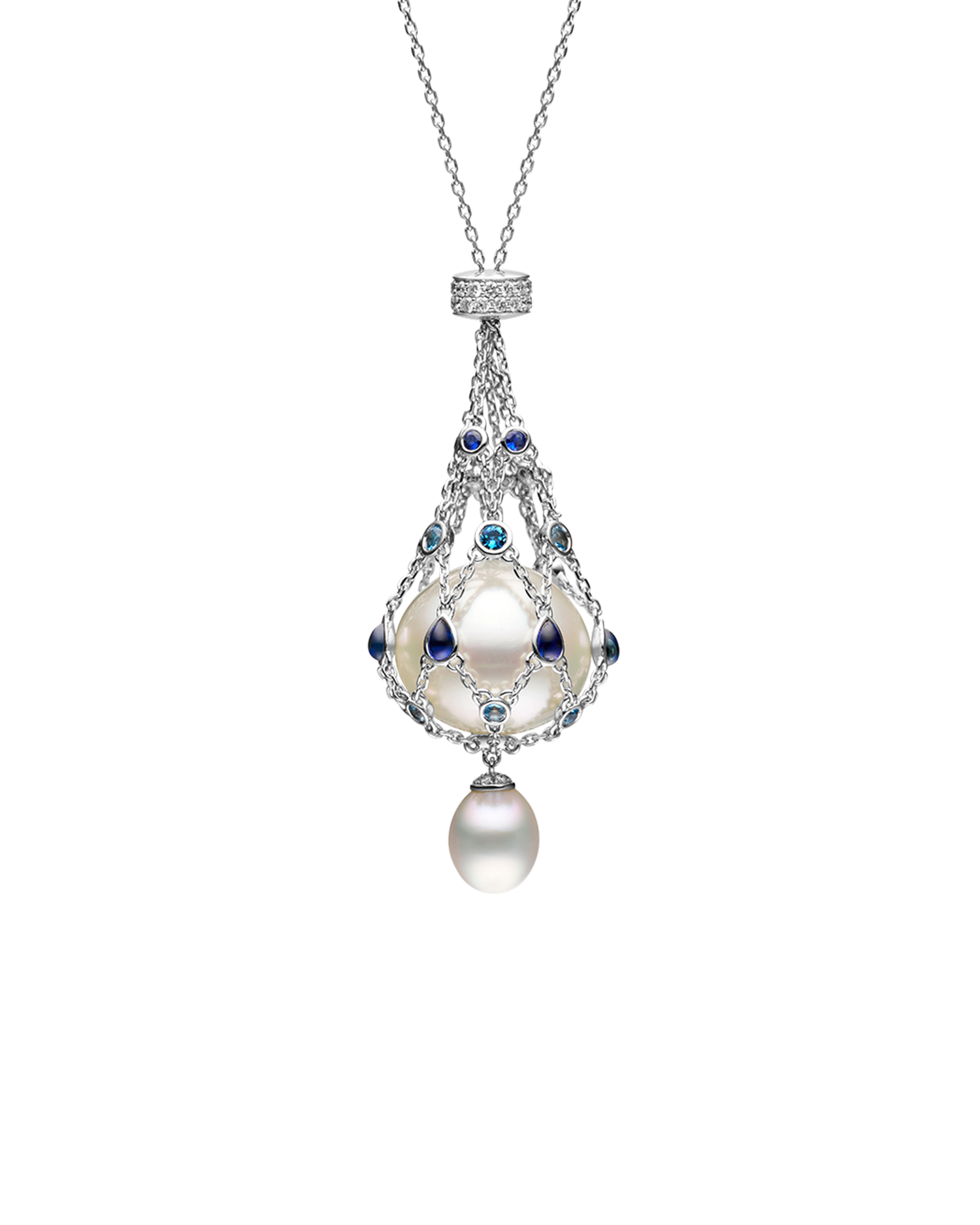 Blue Sapphire Lavalier Pearl Necklace | 15mm Button Pearl, Blue Sapphires, and White Gold