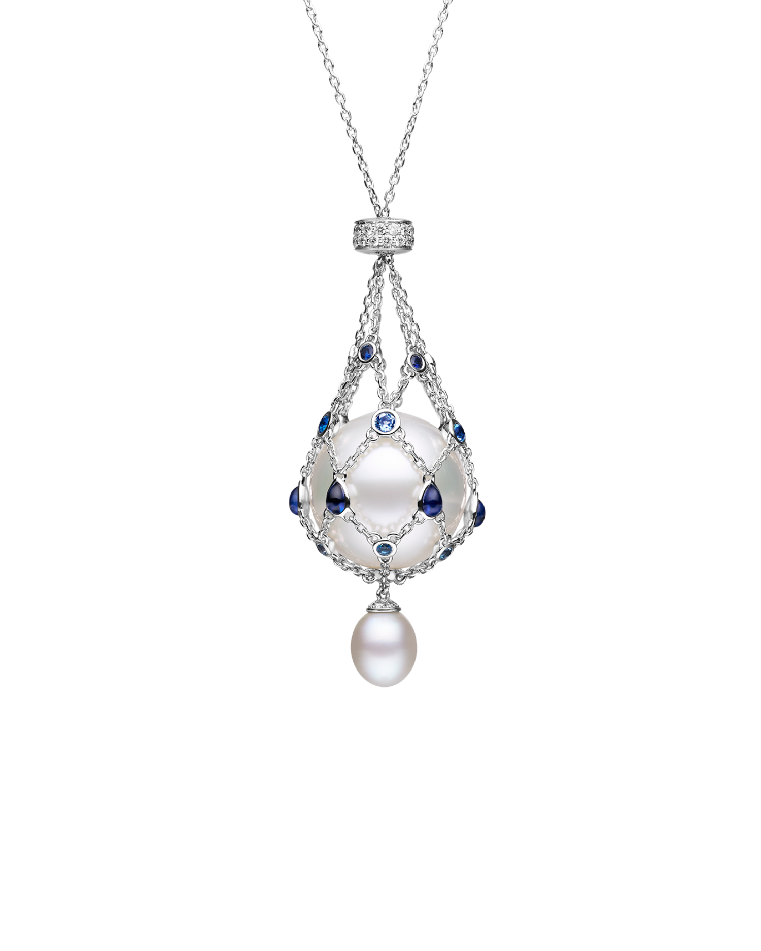 Blue Sapphire Lavalier Pearl Necklace | 15mm Button Pearl, Blue Sapphires, and White Gold