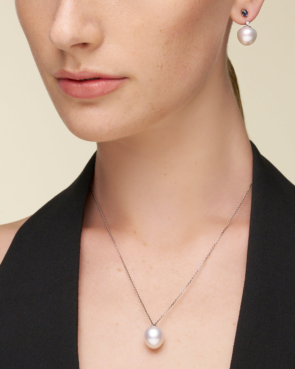Blue Sapphire Touchstone Single Pearl Necklace On Body V19N08WPT13 Earrings V14E08WPT12
