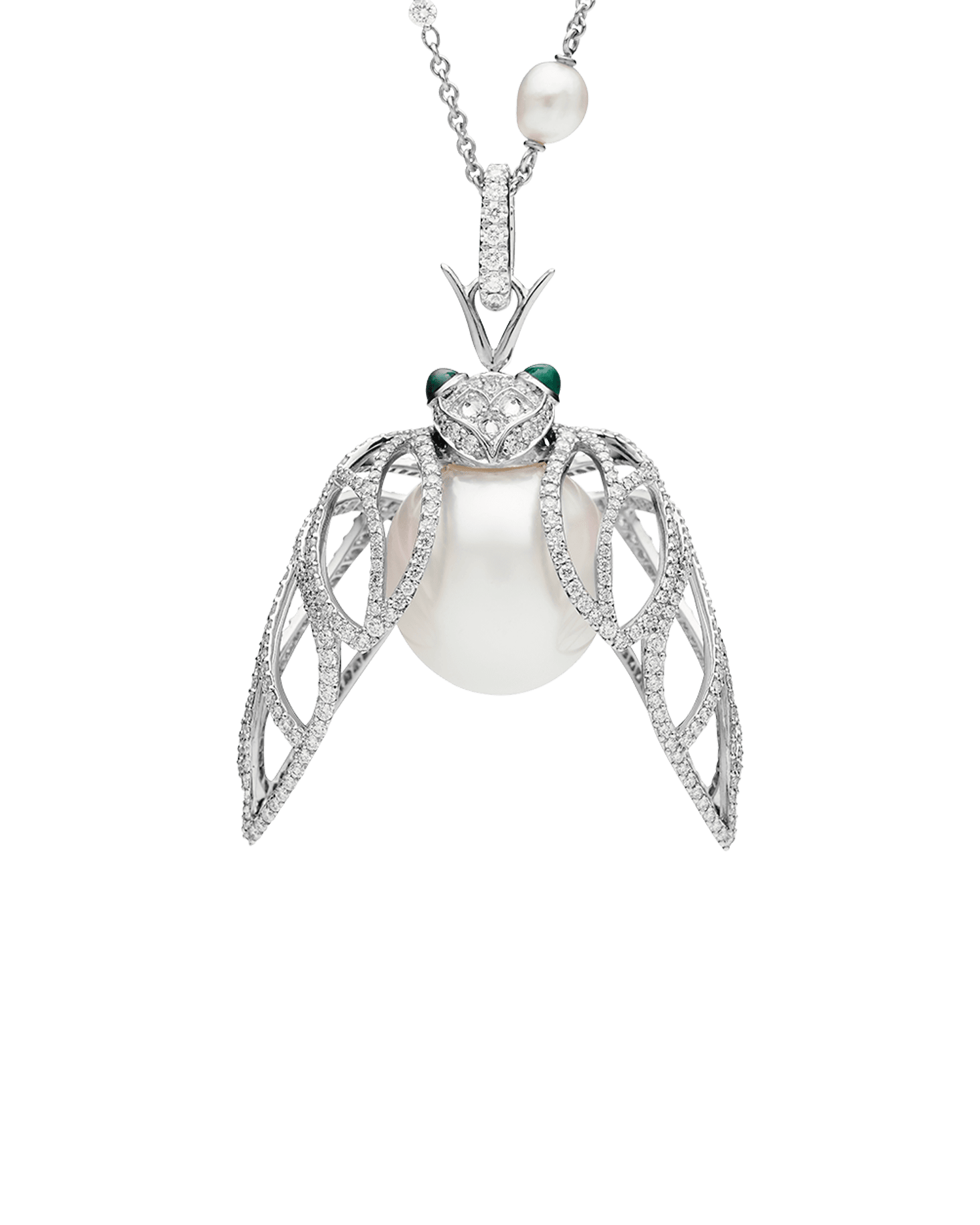 Diamond Cicada Pearl Pendant | 16mm Oval Pearl, Diamonds, and White Gold 2