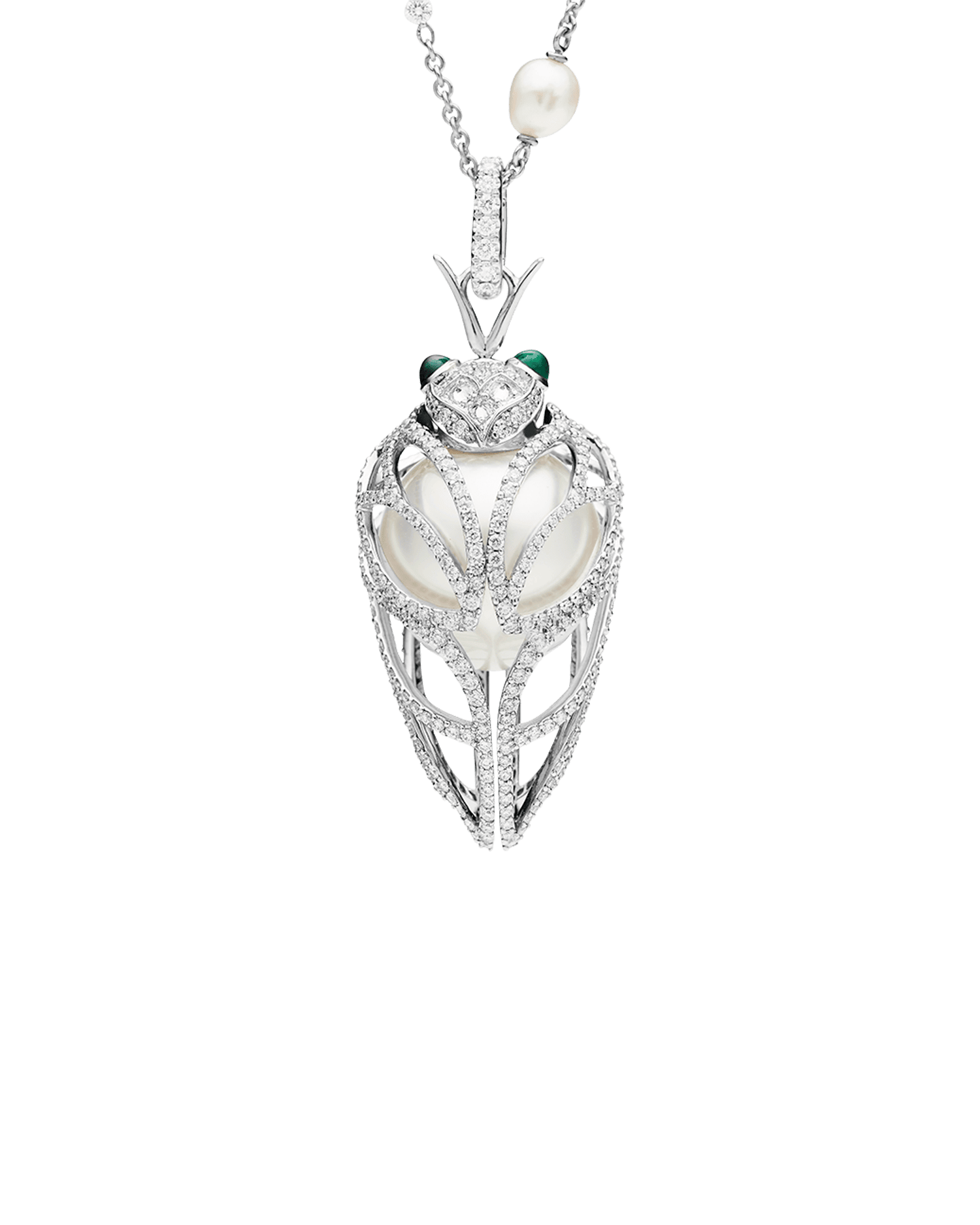Diamond Cicada Pearl Pendant | 16mm Oval Pearl, Diamonds, and White Gold 1