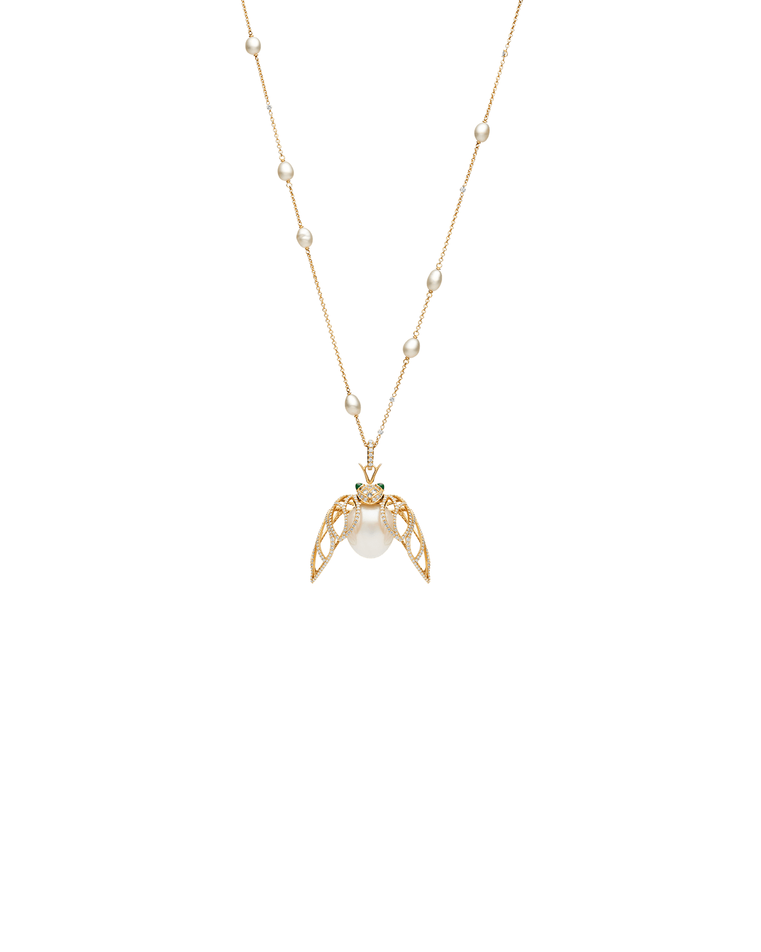 Diamond Cicada Pearl Pendant | 16mm Oval Pearl, Diamonds, and Yellow Gold 3
