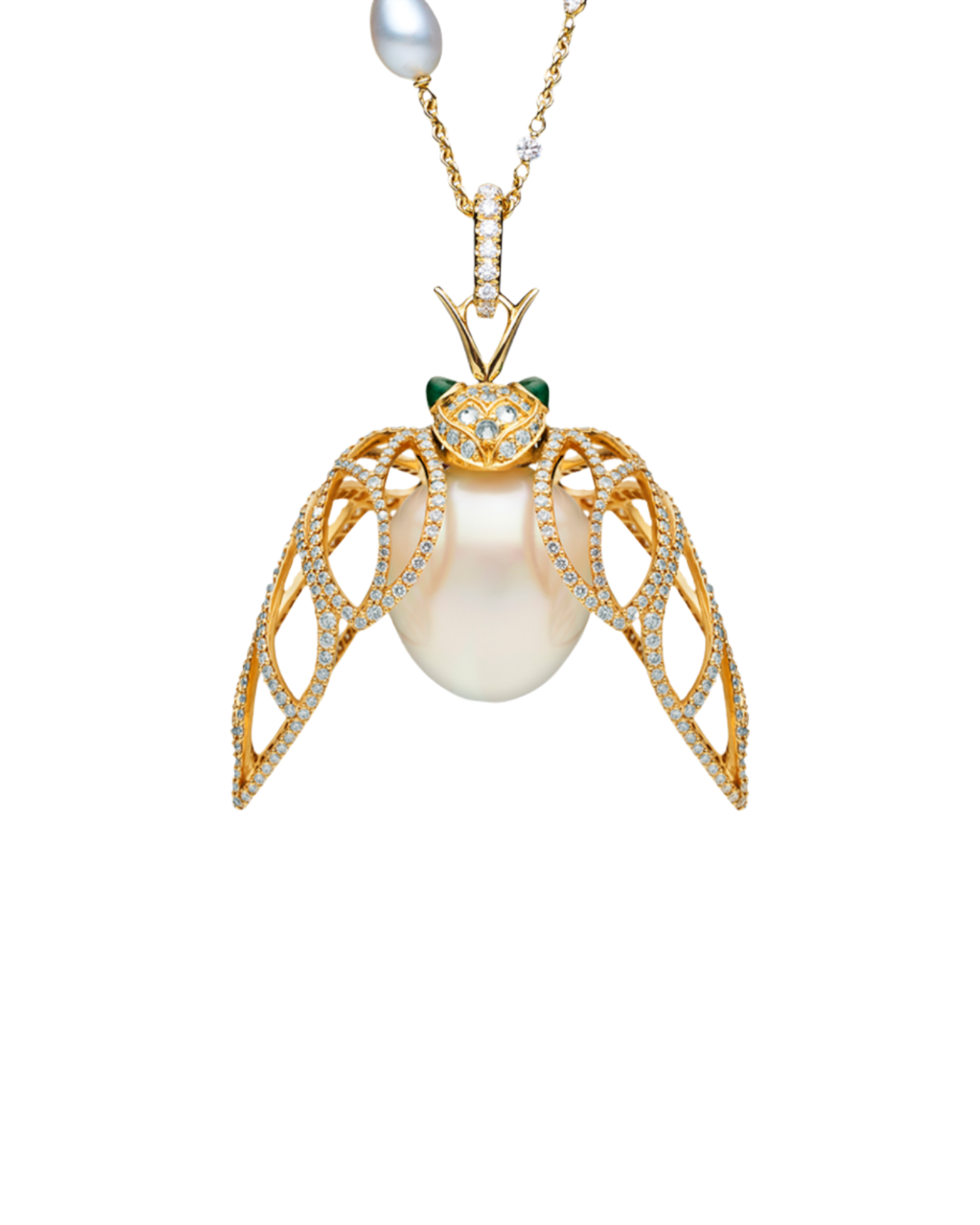 Diamond Cicada Pearl Pendant | 16mm Oval Pearl, Diamonds, and Yellow Gold 2