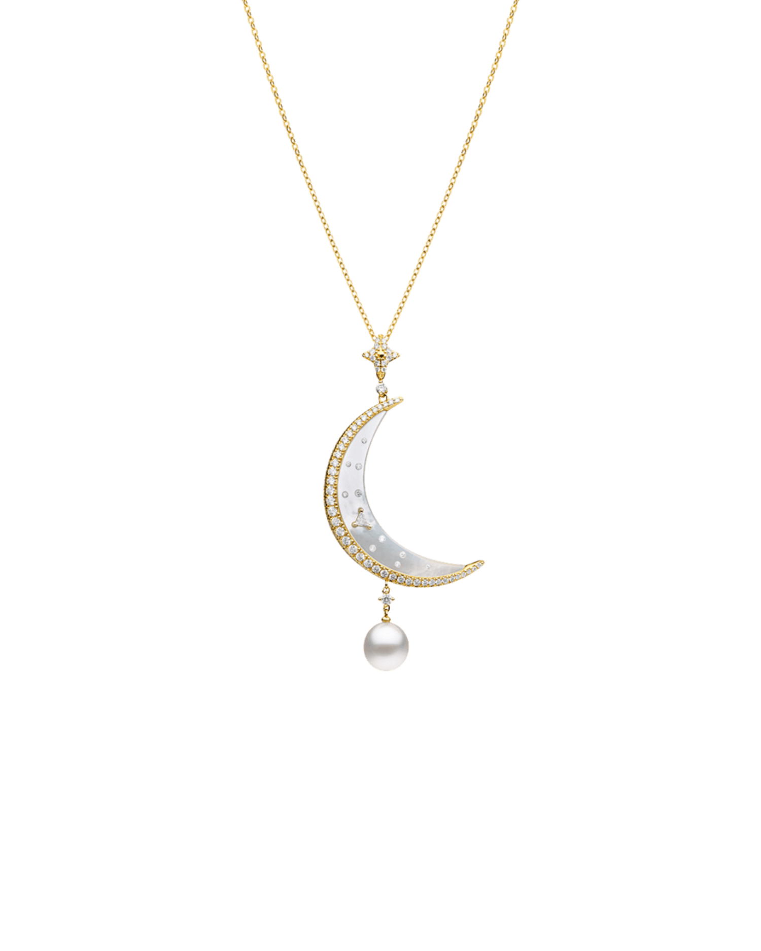 Crescent Moon Pearl Pendant 7mm Keshi Pearl, Diamonds, and Yellow Go