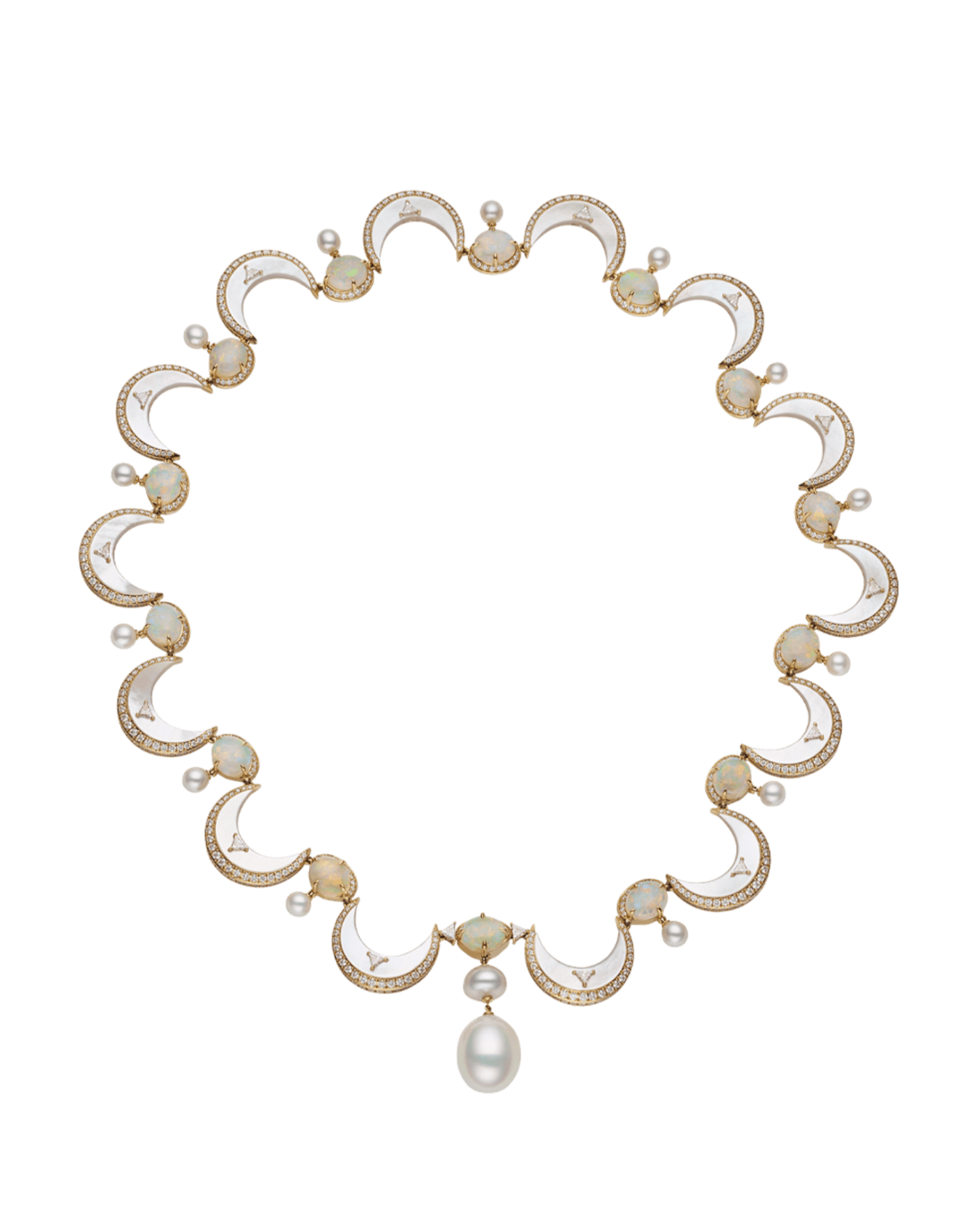 Crescent Moon Pearl Collier | 3-12mm Pearls, White Opals, and Yellow Gold 1