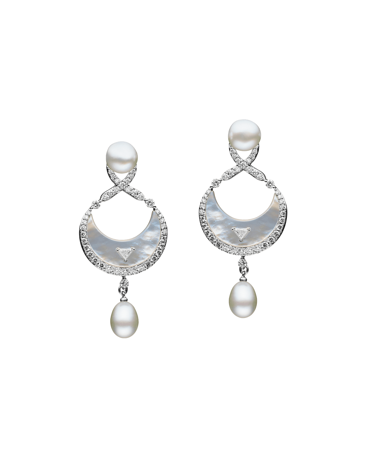 Diamond Set Crescent Moon Pearl Earring Enhancers | 9-11mm Pearls, White Opals, and White Gold 3