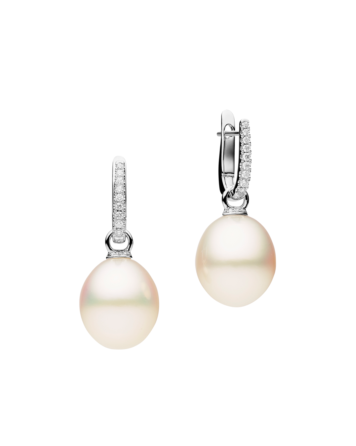 Diamond Pearls My Way Earrings | 14mm Oval Pearls, Diamonds, and White Gold