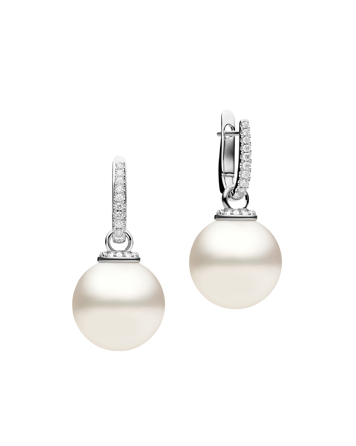 Diamond Pearls My Way Earrings | 14mm Round Pearls, Diamonds, and White Gold