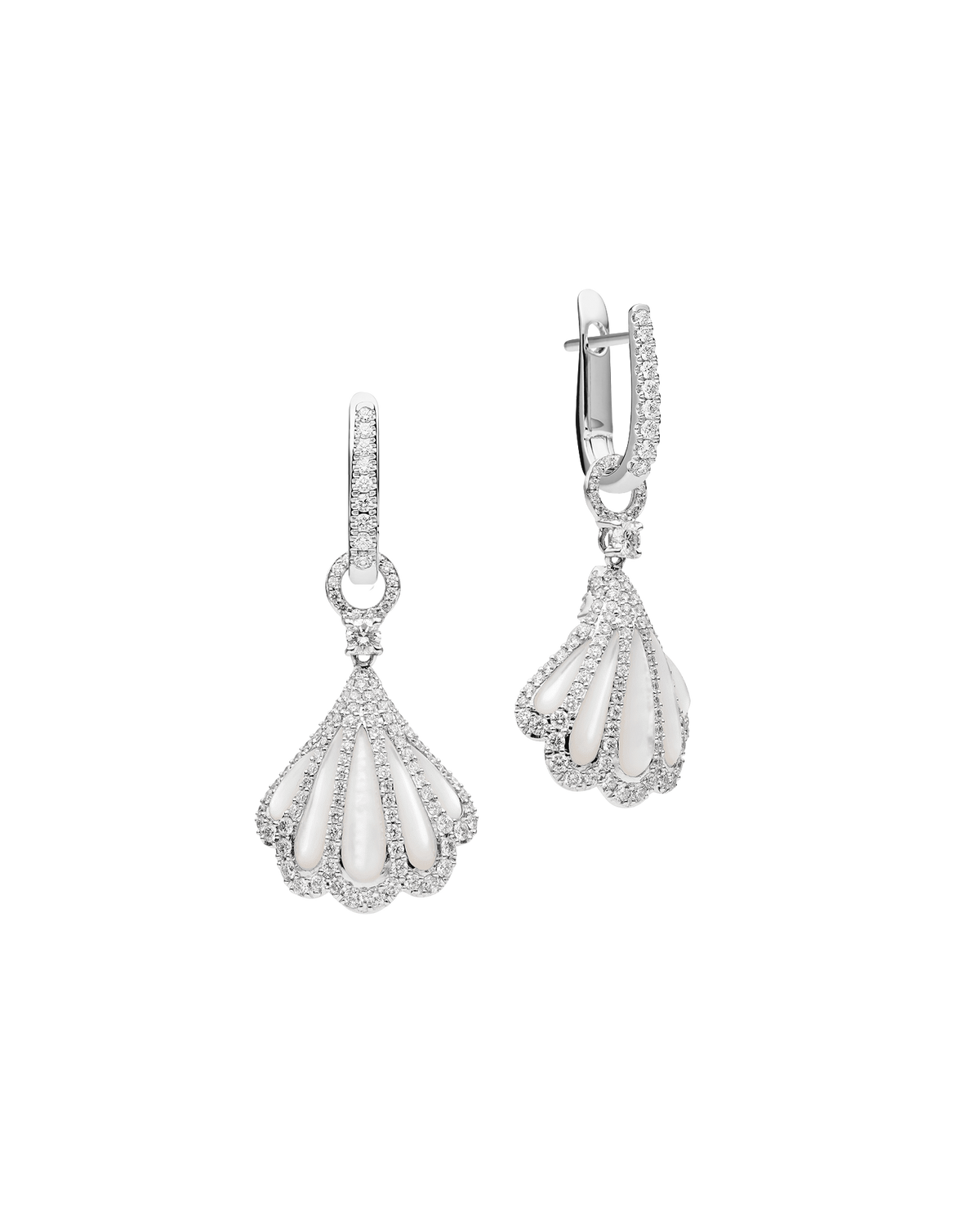 Clam Shell Earrings | Mother of Pearl, 5mm Keshi Pearls, Diamonds, and White Gold