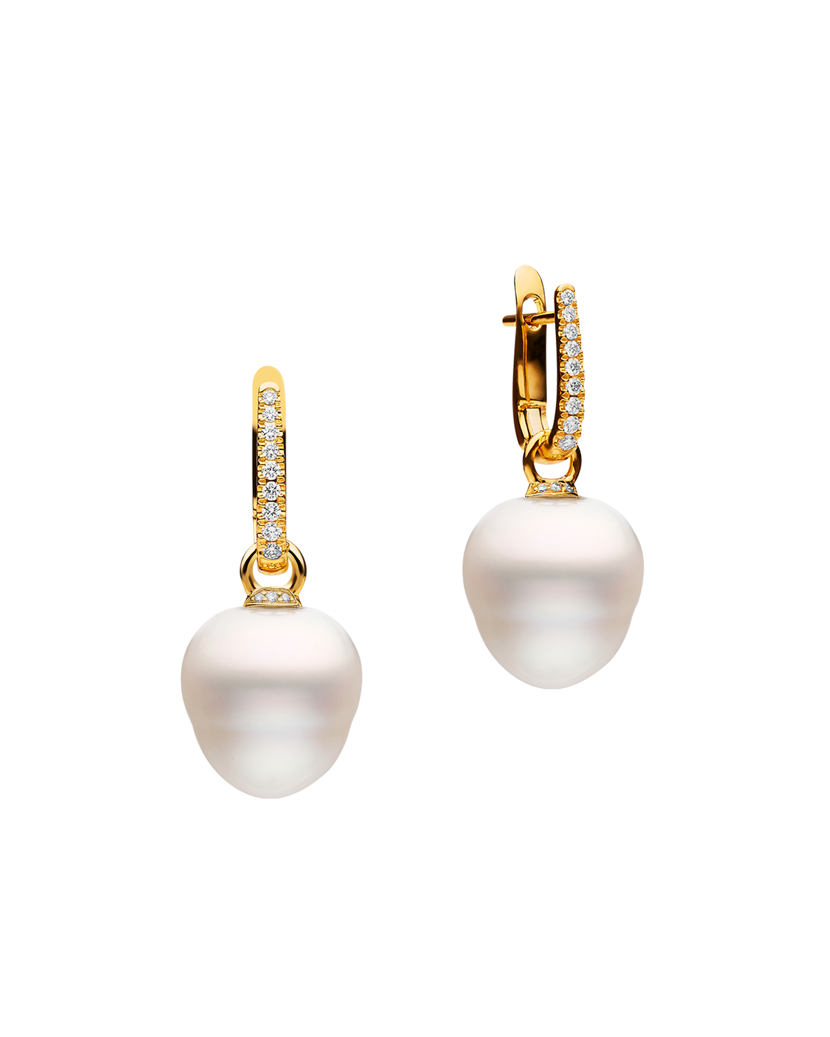 Diamond Pearls My Way Earrings | 14mm Circle Pearls, Diamonds, and Yellow Gold
