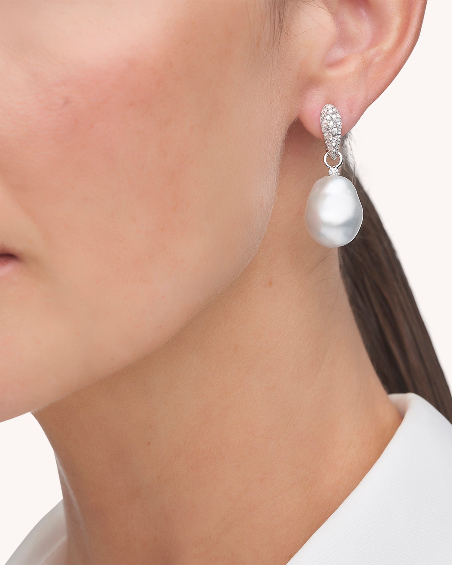 Diamond Touchstone Pearls My Way Earrings | 14mm Baroque Pearls, Diamonds, and White Gold 2