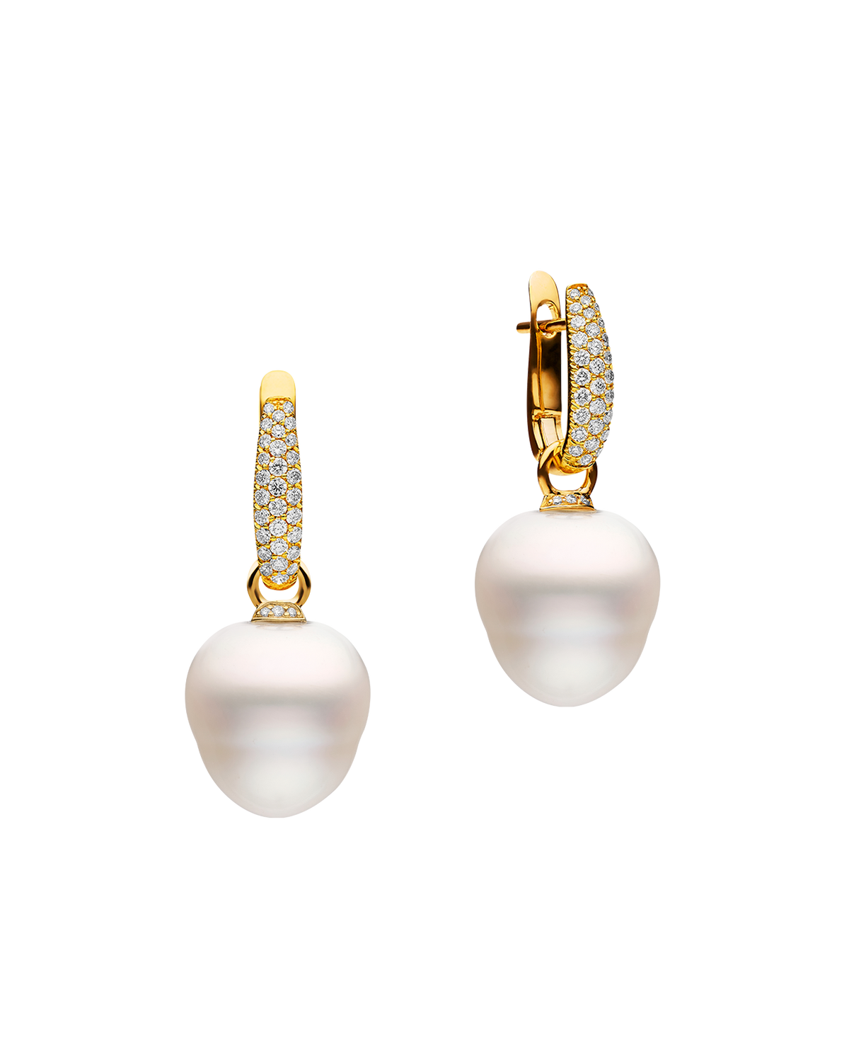 Pavé Diamond Pearls My Way Earrings | 14mm Circle Pearls, Diamonds, and Yellow Gold
