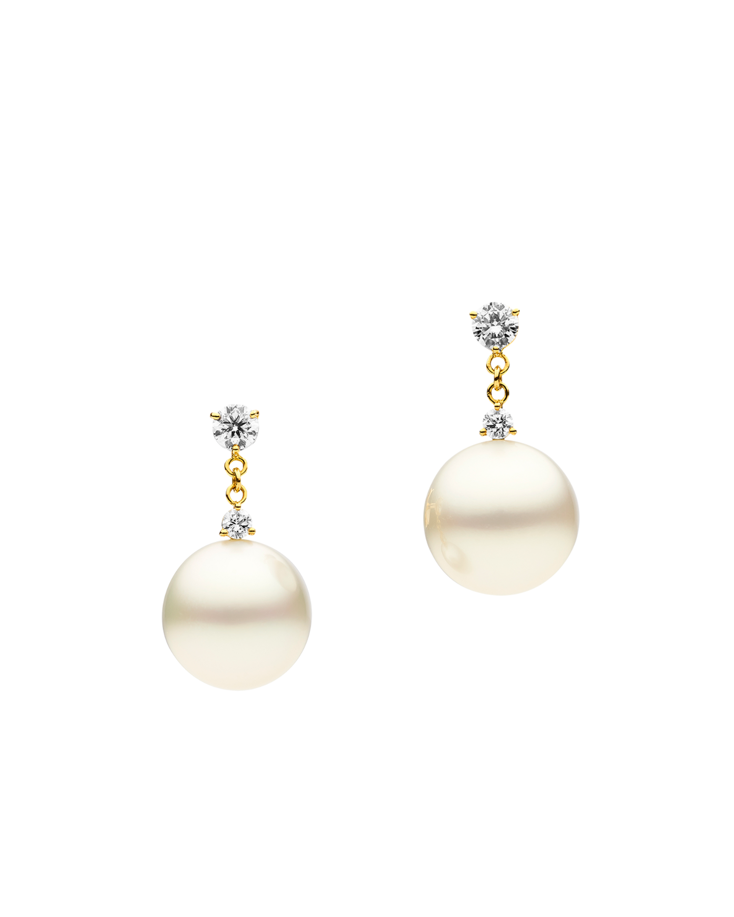 Diamond Dew Drop Pearl Earrings | 11mm Round Pearls, Diamonds, and Yellow Gold 1