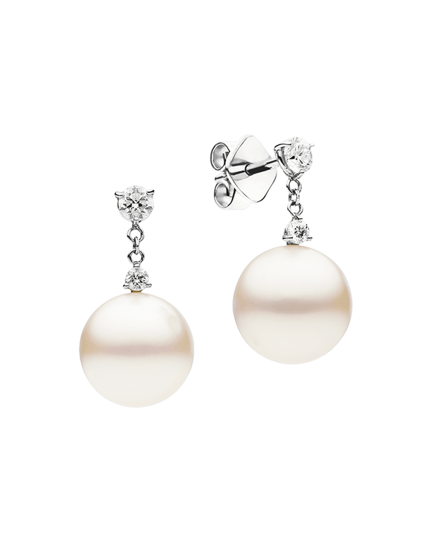 Diamond Dew Drop Pearl Earrings | 11mm Round Pearls, Diamonds, and White Gold 2