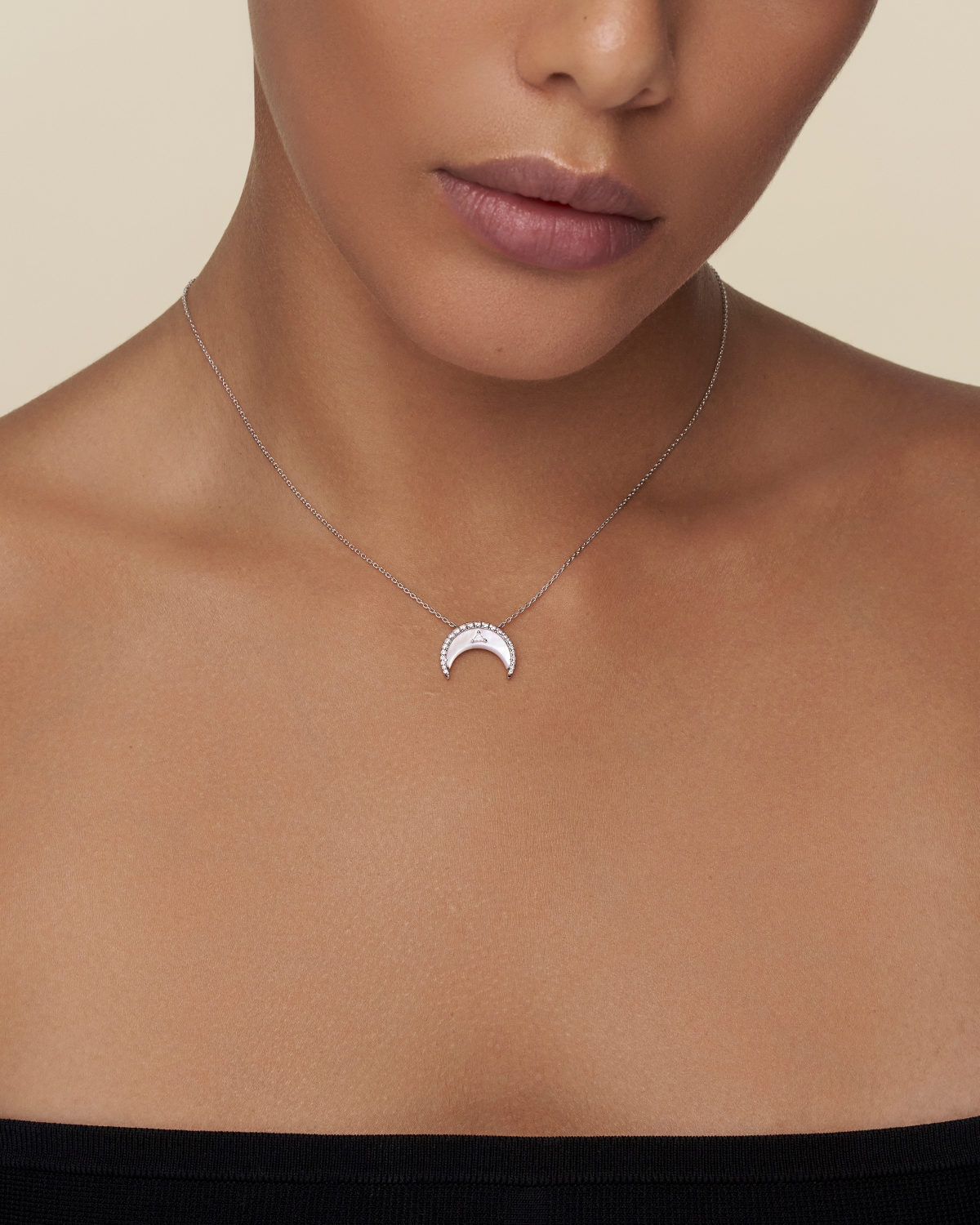 Diamond Crescent Moon Necklace Mother of Pearl Diamonds and white gold on body f23n02w