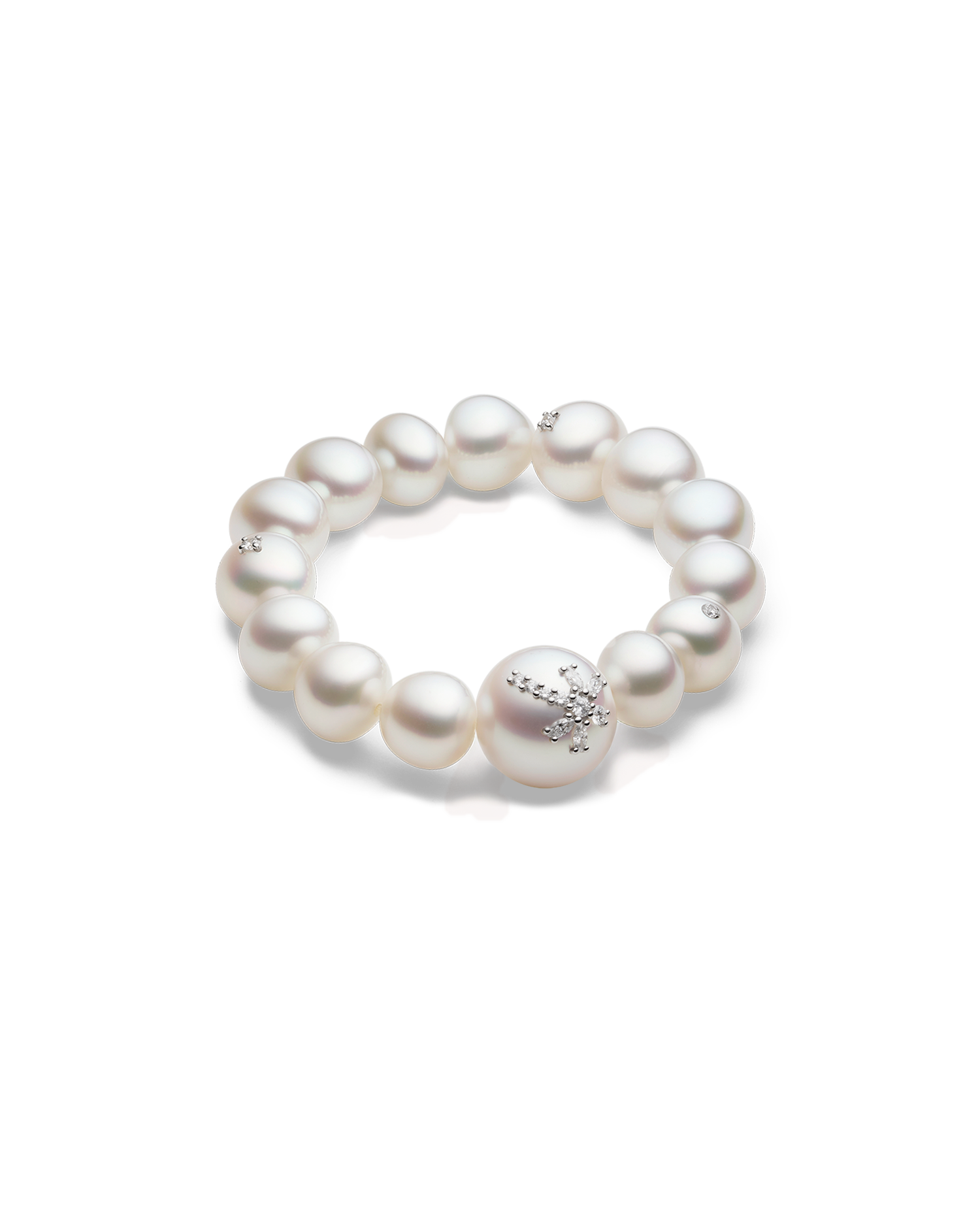 Diamond Dragonfly Pearl Bracelet | 12-17mm Pearls, Diamond, and Platinum