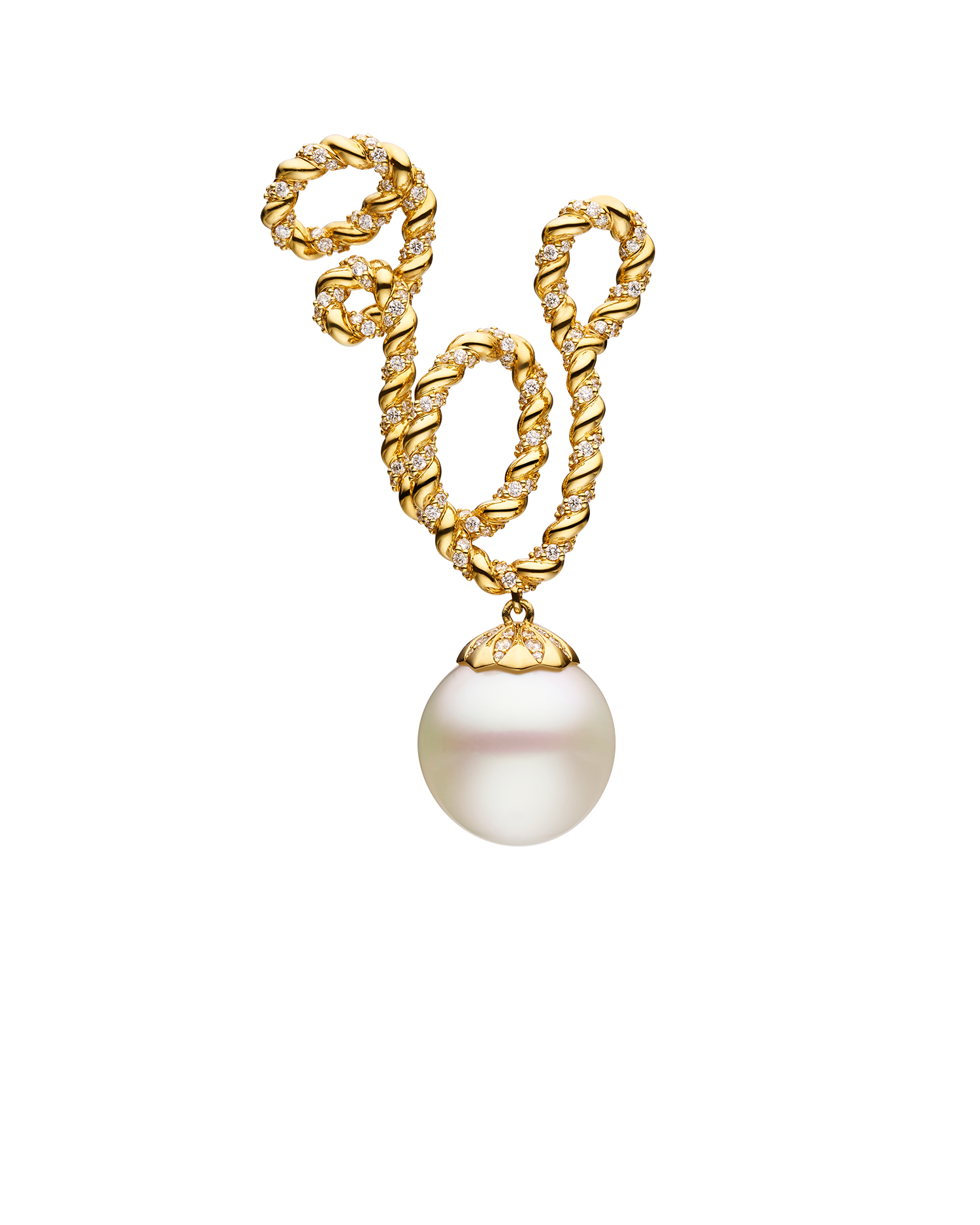 Diamond Entwined Rope Pearl Pendant | 16mm Oval Pearl, Diamonds, and Yellow Gold 1