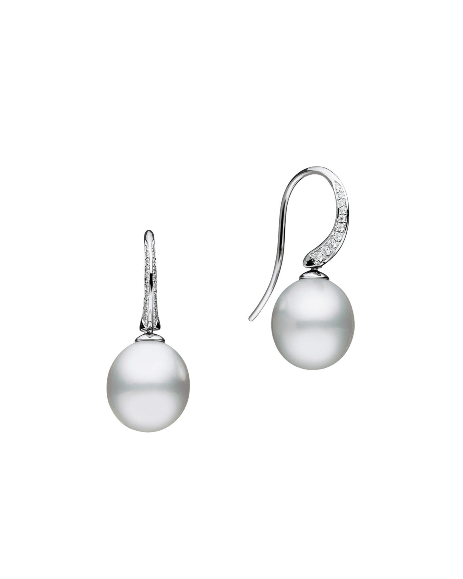 Diamond Keel Edge Pearl Earrings | 11mm Oval Pearls, Diamonds and White Gold