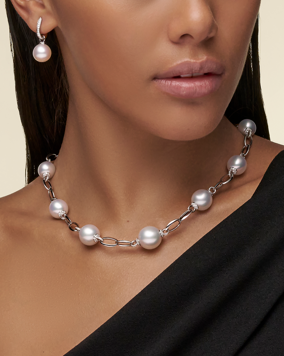 Diamond Keel Edge Pearls My Way Earrings | 13mm Oval Pearls, Diamonds, and White Gold
