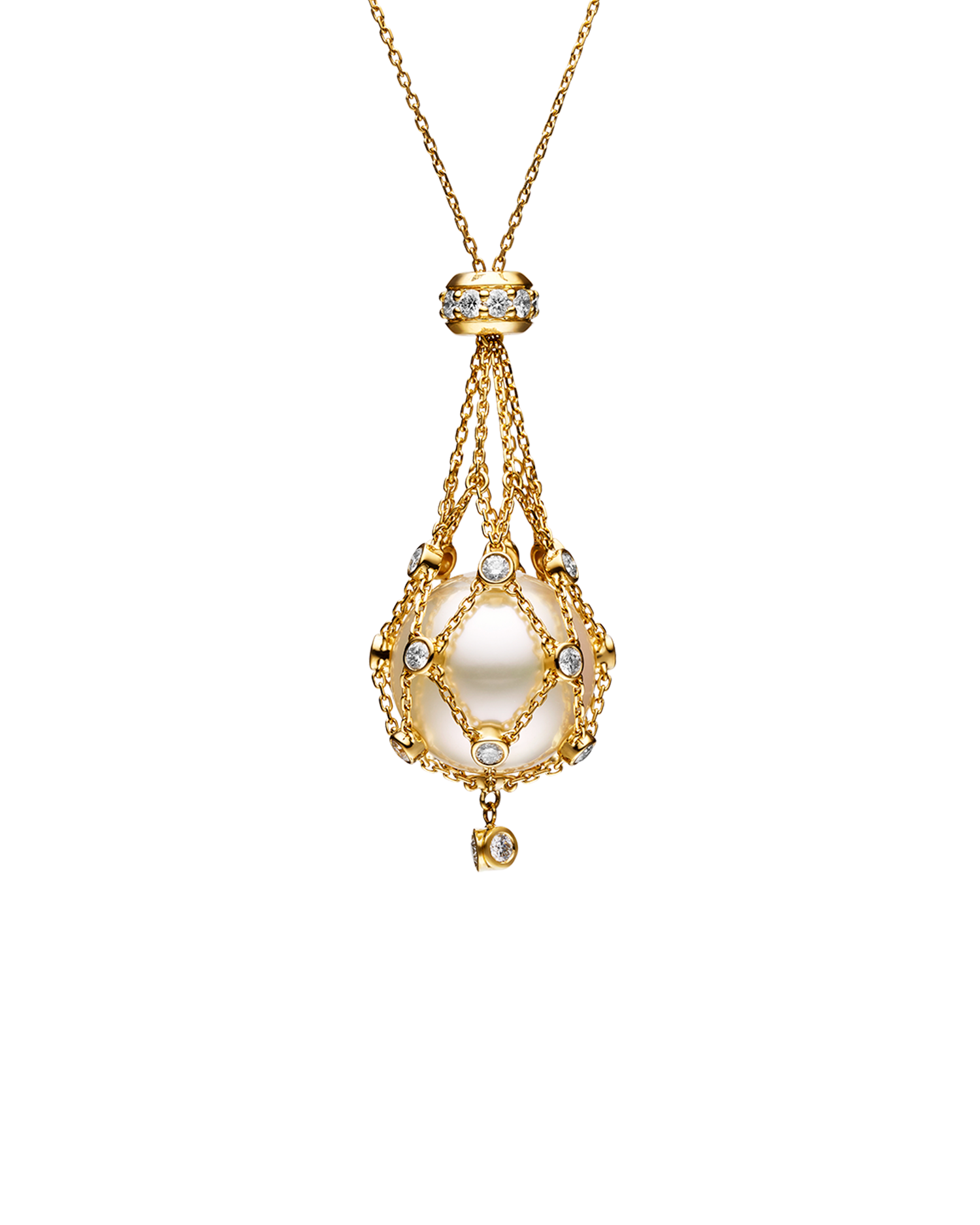 Diamond Lavalier Pearl Necklace | 15mm Round Pearl, Diamonds, and Yellow Gold