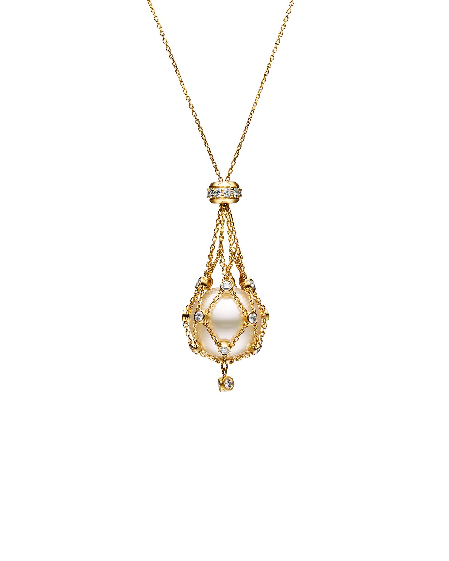 Diamond Lavalier Pearl Necklace | 15mm Round Pearl, Diamonds, and Yellow Gold
